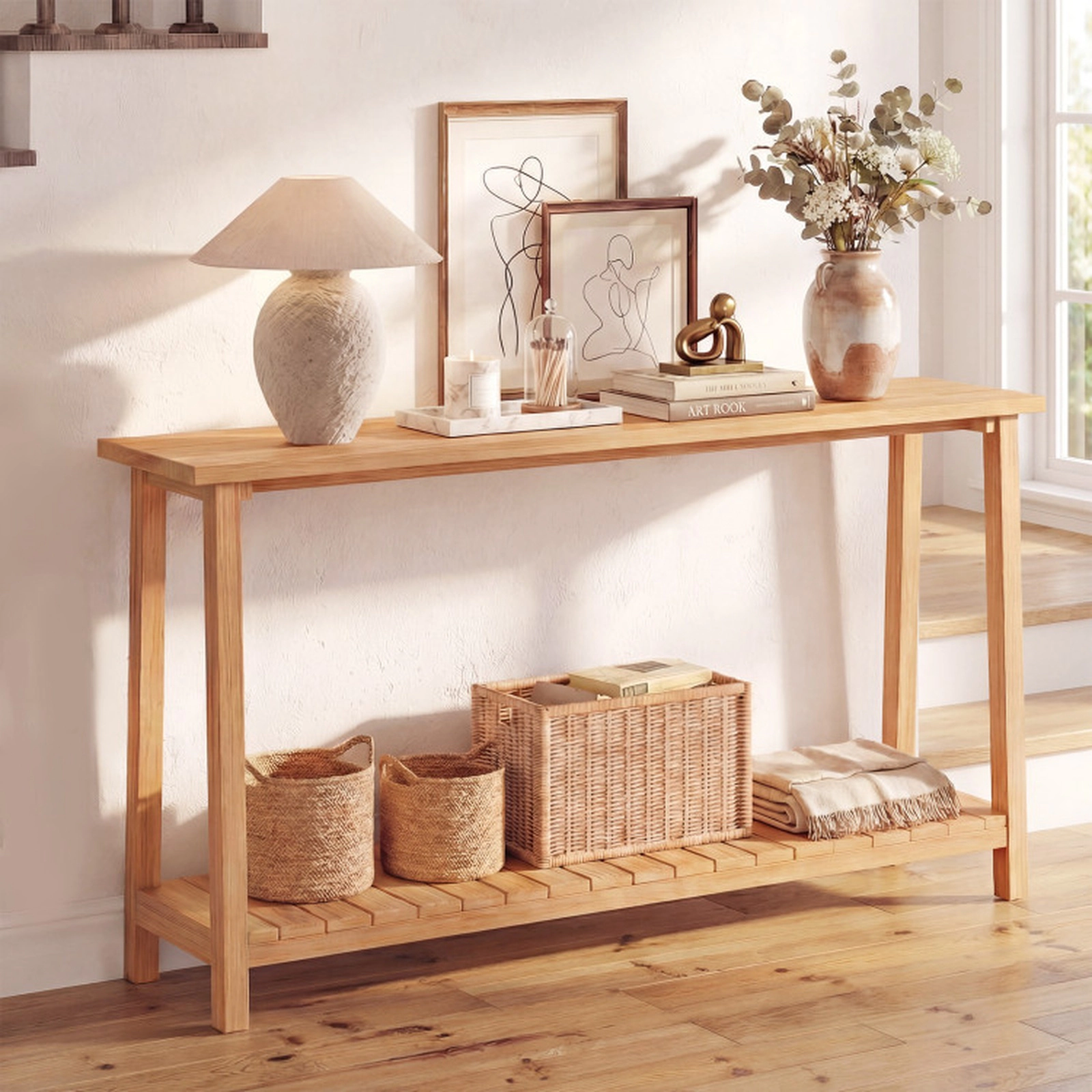 SUGIFT 71-in Long 12-in Narrow Natural Teak Wood 2-Tier Sofa Console Table with 67-in Bottom Shelf