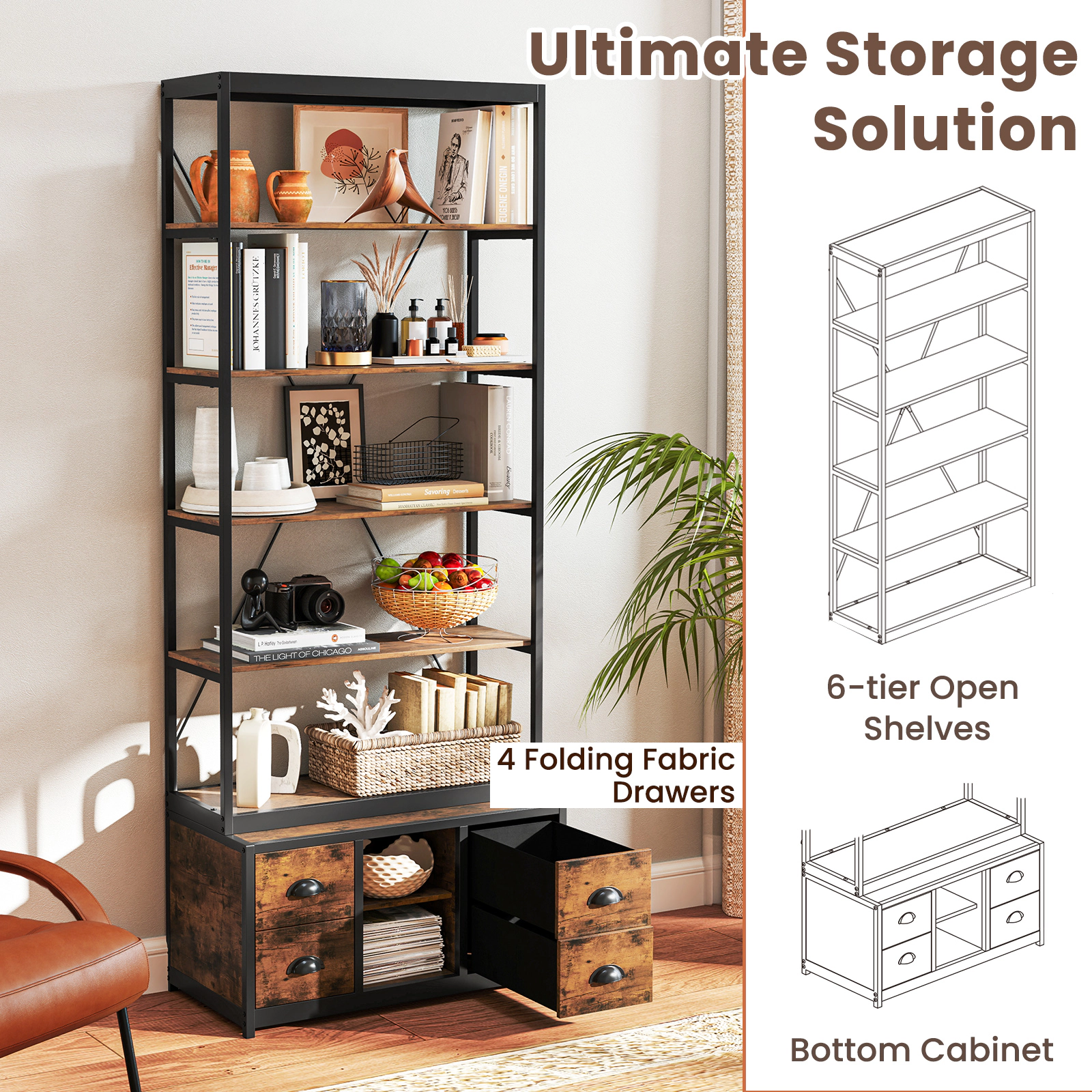 SUGIFT 8-Tier Rustic Brown 79-in Tall Industrial Bookshelf with 4 Fabric Drawers Metal Frame and 66-lb Shelves