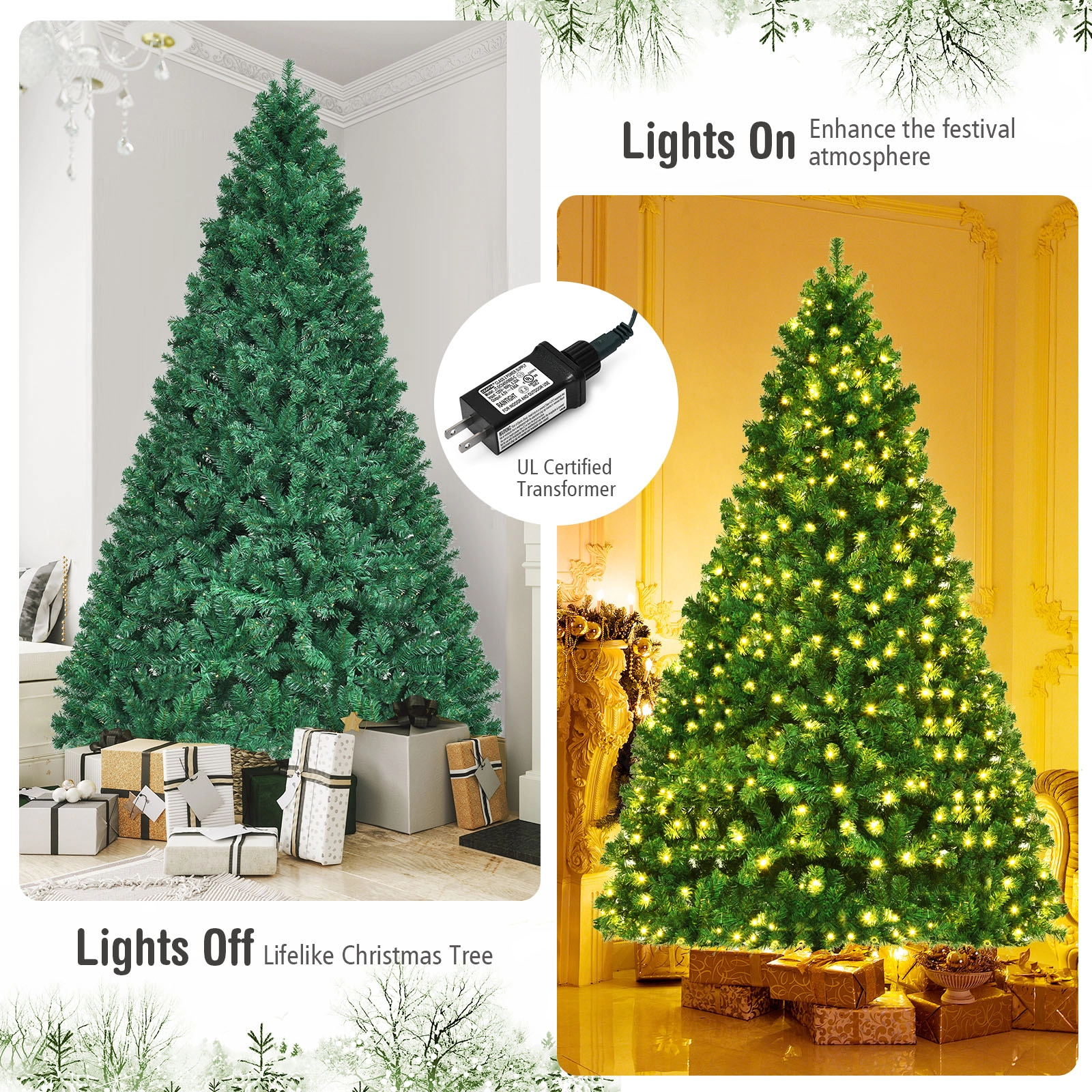 SUGIFT Green PVC Pre-Lit Artificial Christmas Tree with LED Lights and Metal Stand