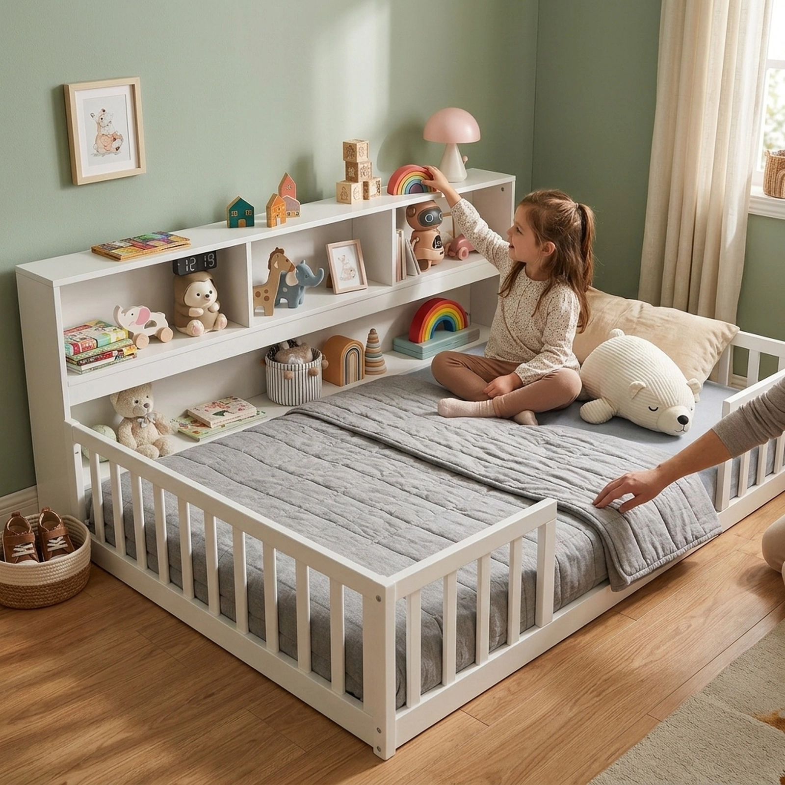 SUGIFT Full Size Montessori Floor Bed with Integrated Bookshelf Trundle Bed 44-lb Bookshelf Capacity Gray/White