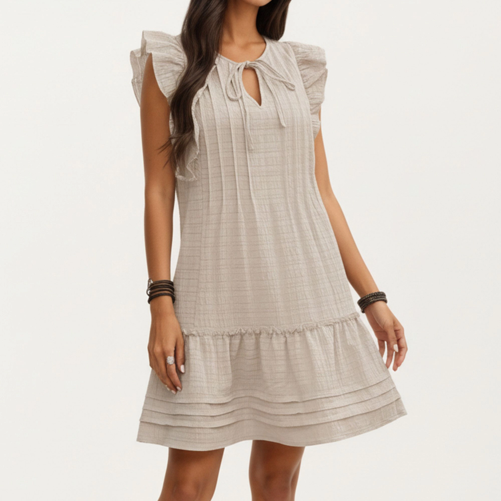 Anna-Kaci Women's Ruffle Tie Neck Detail Tiered Hem Mini Dress