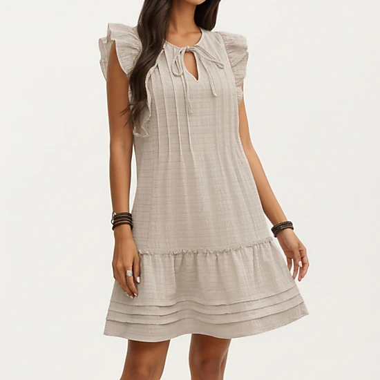 Anna-Kaci Women's Ruffle Tie Neck Detail Tiered Hem Mini Dress