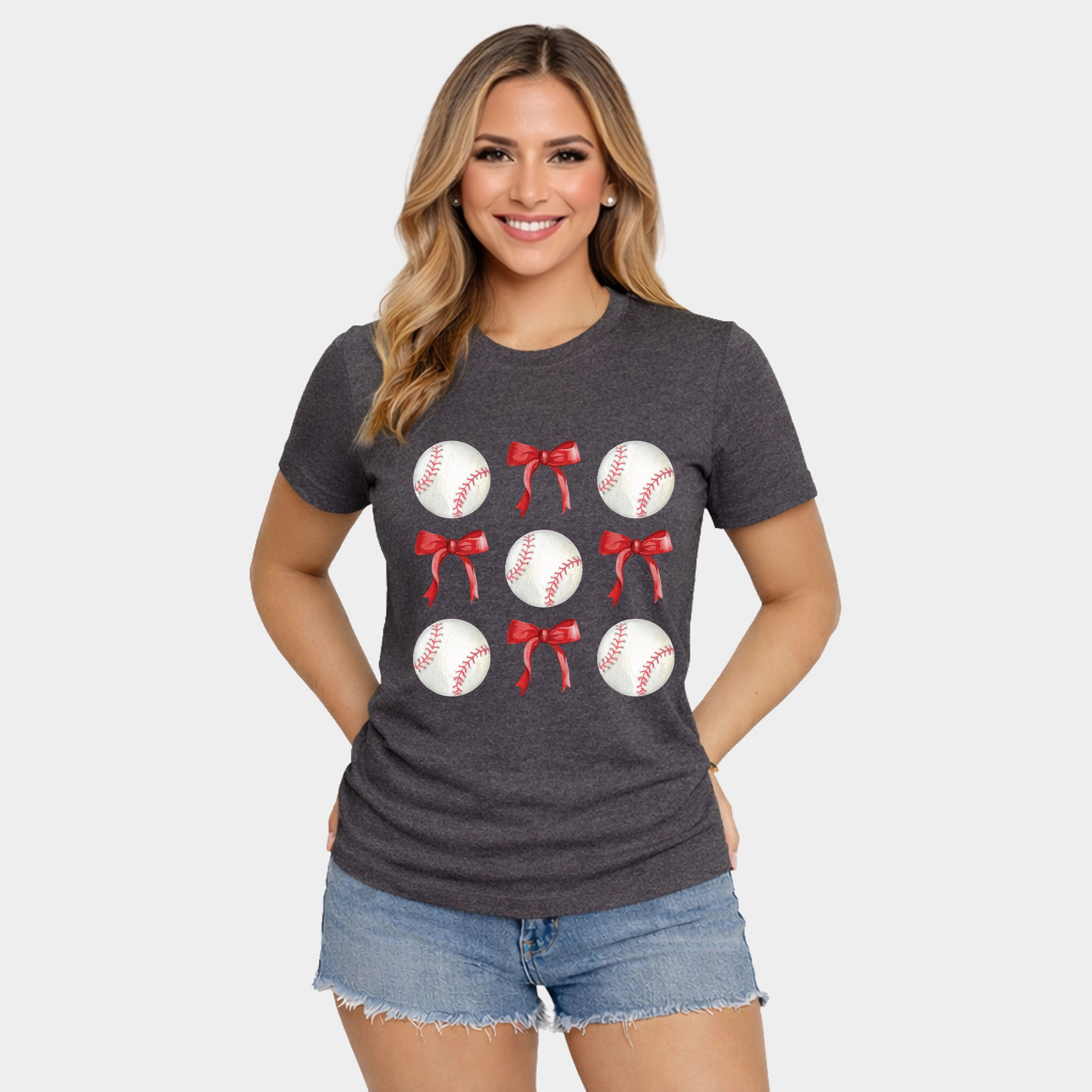 Simply Sage Market - Baseballs and Red Bows Watercolor Women's Short Sleeve Graphic T-Shirt