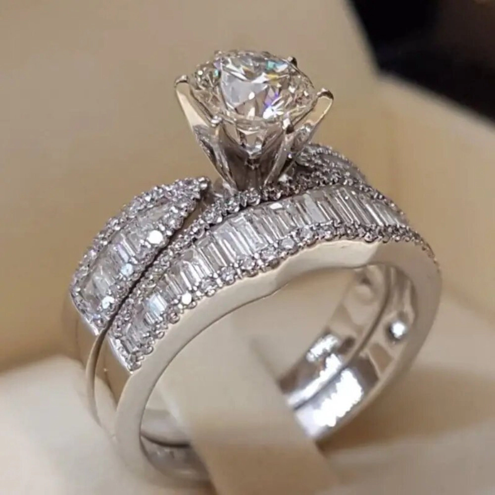 White Gold Plated Two-in-One Halo Wedding Promise Ring for Women