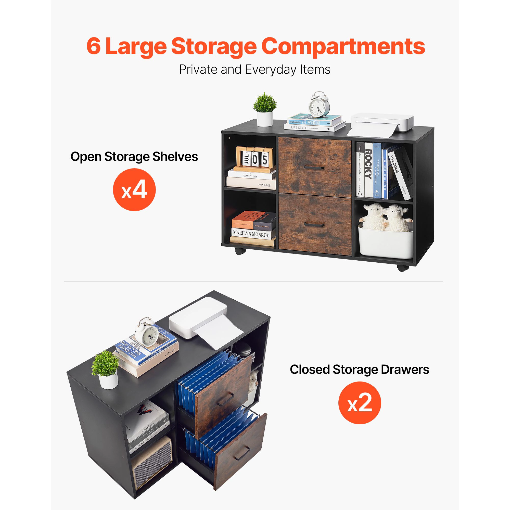 HONGGE Mobile Filing Cabinet with Lockable Rolling File Storage and Shelves Standing Printer Stand for Home Office