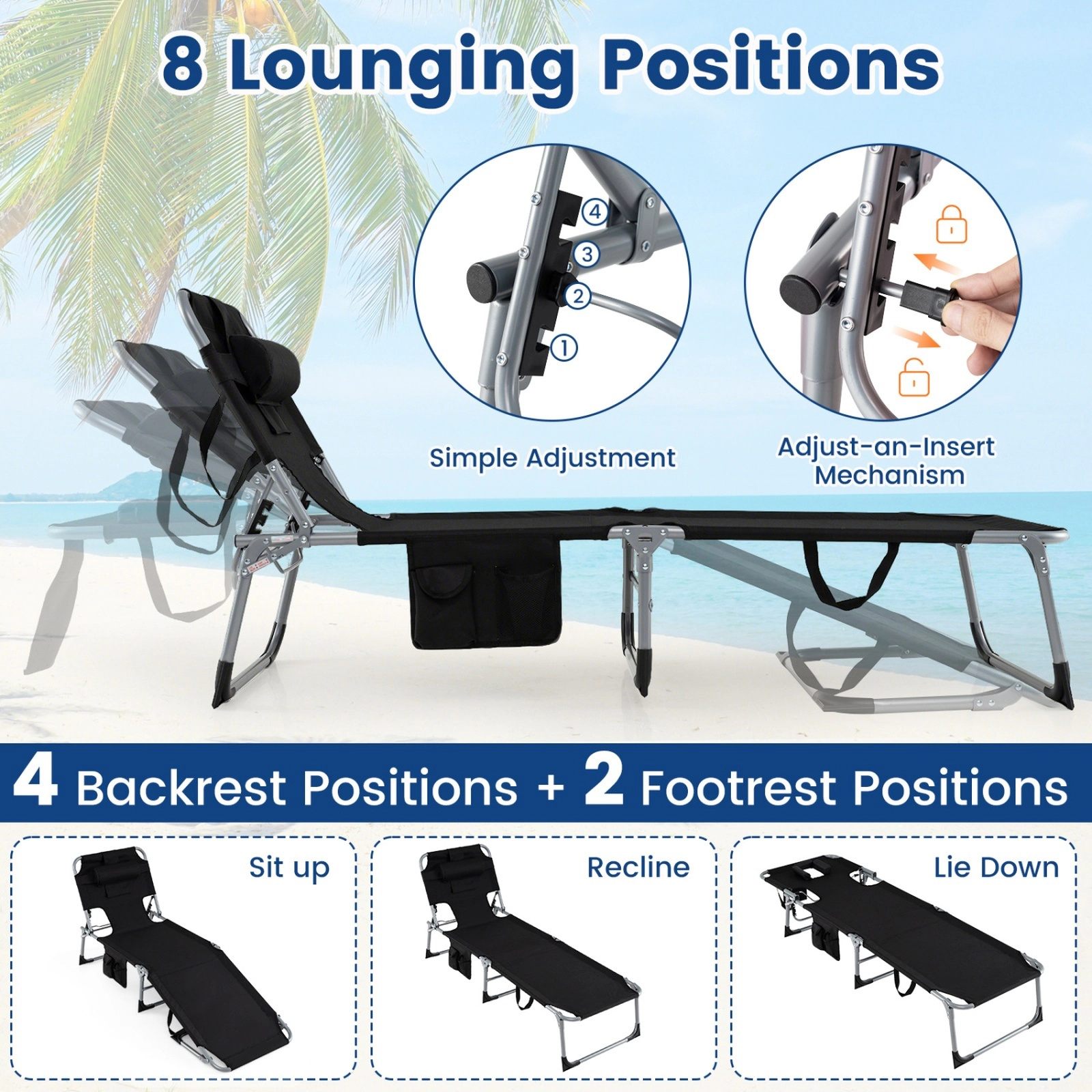 SUGIFT Set of 2 Folding Chaise Lounge Chairs, Adjustable Backrest and Footrest, Face and Arm Holes, Black