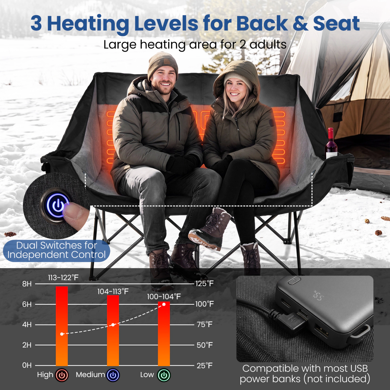 LJG Heated Double Camping Chair with 4 Heating Zones and Wine Glass Holders