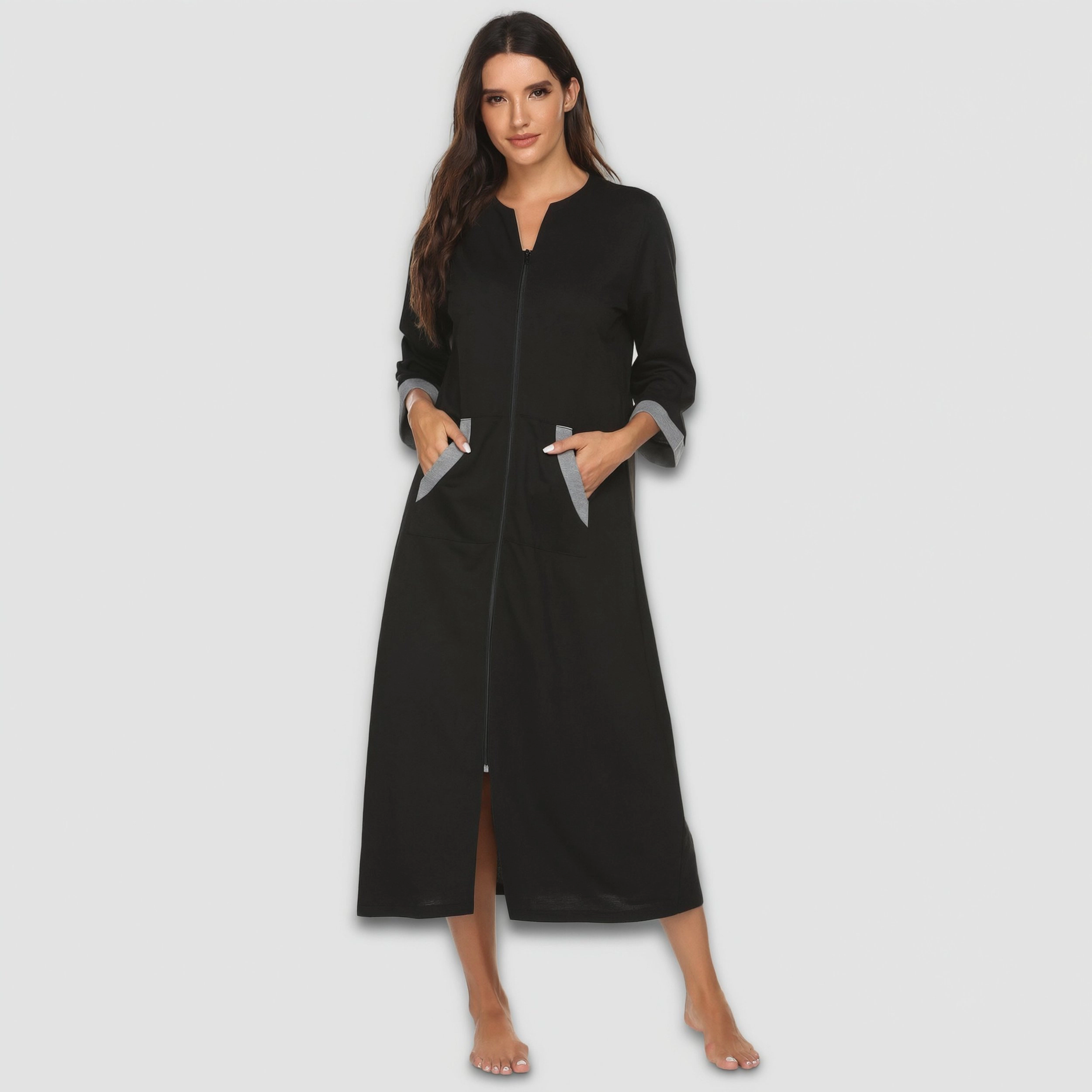 Ekouaer Robes Three Quarter Sleeves Zipper Robe Zip Front Housecoat with Pockets