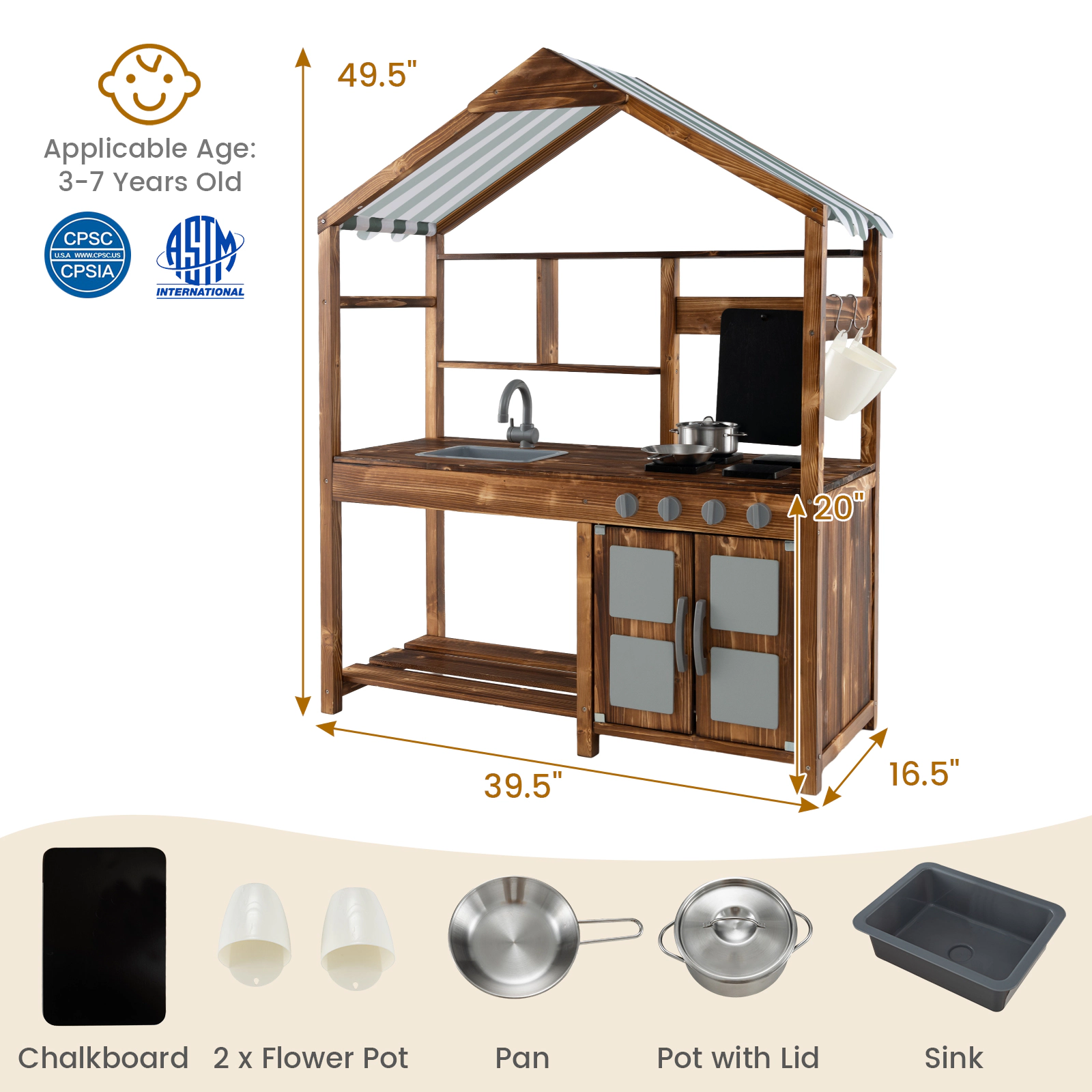LJG Kid's Mud Kitchen Outdoor Solid Wood Mud Kitchen with Canopy