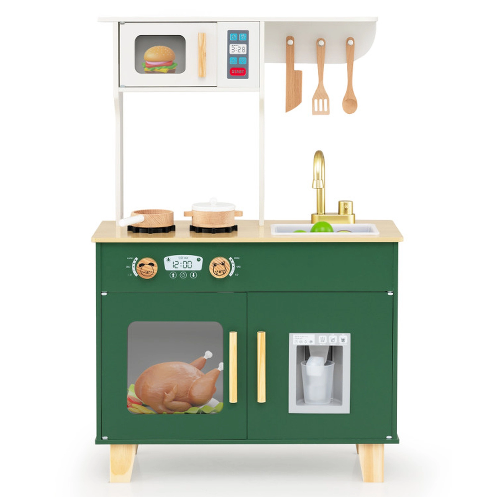 SUGIFT Kids Play Kitchen Wooden Playset with Microwave Ice Dispenser and 5 Accessories