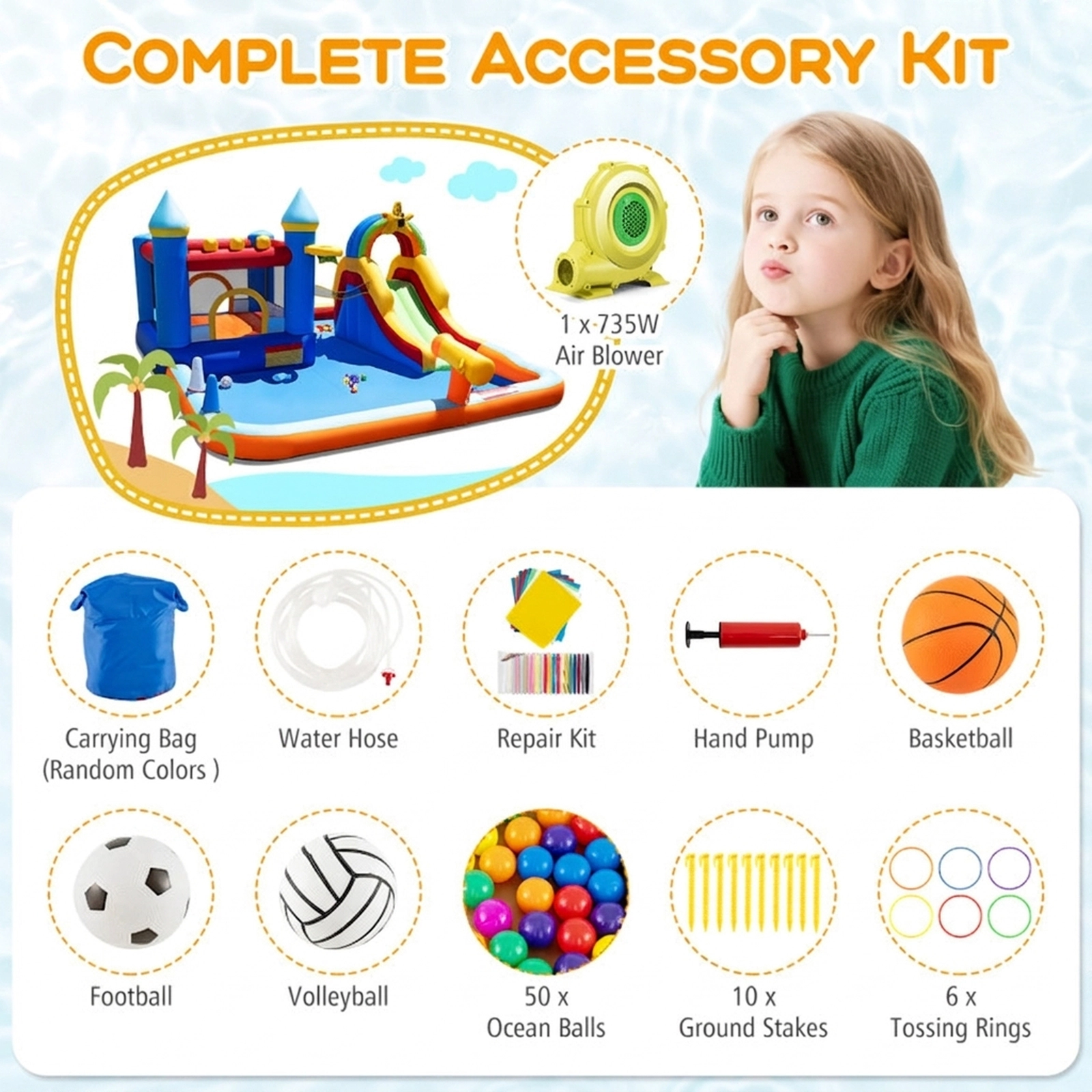 SUGIFT Inflatable Bouncy Castle Water Slide Park with Climbing Wall 50 Ocean Balls and 735W Blower