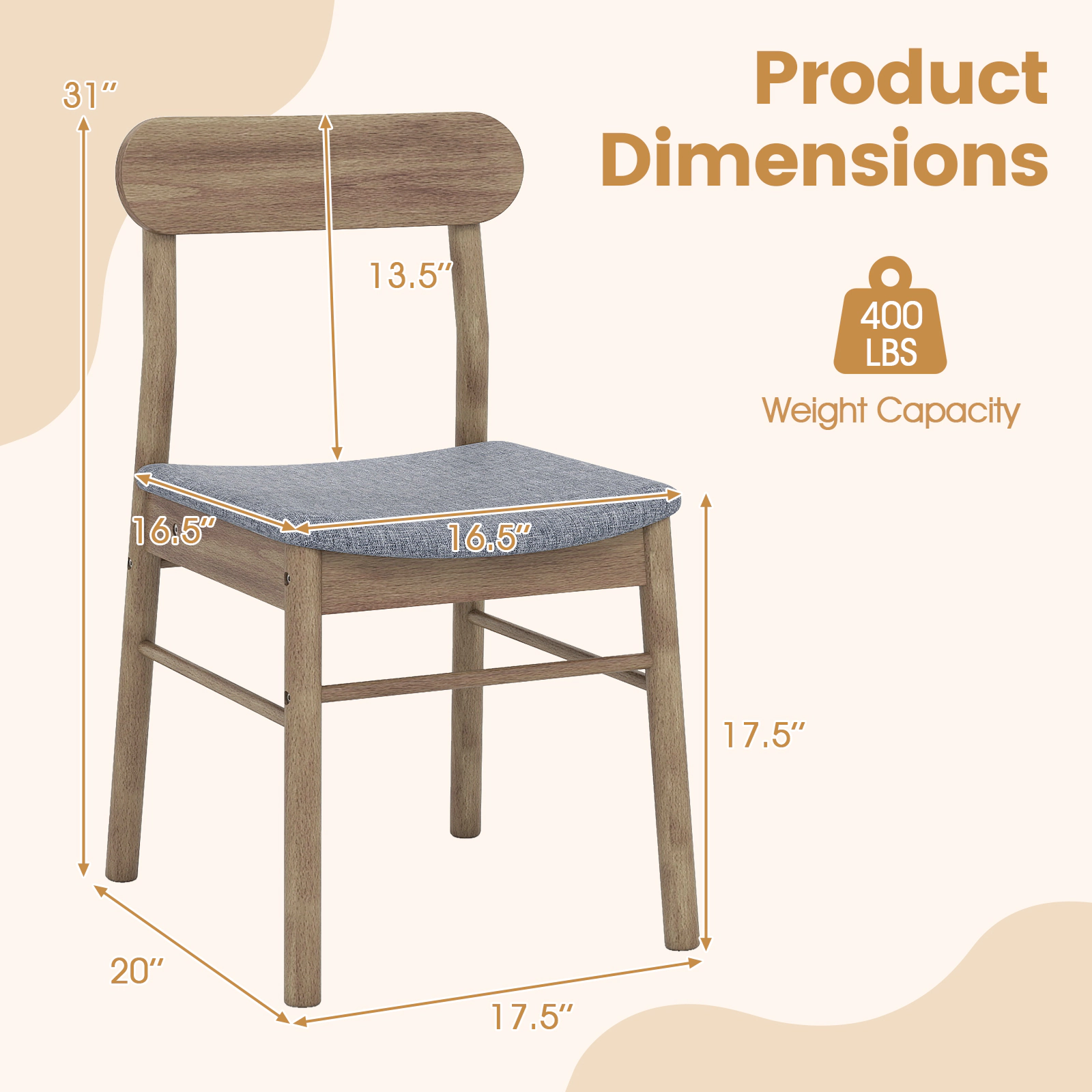 LJG Fabric Upholstered Kitchen Armless Dining Chairs with Rubber Wood Frame Set of
