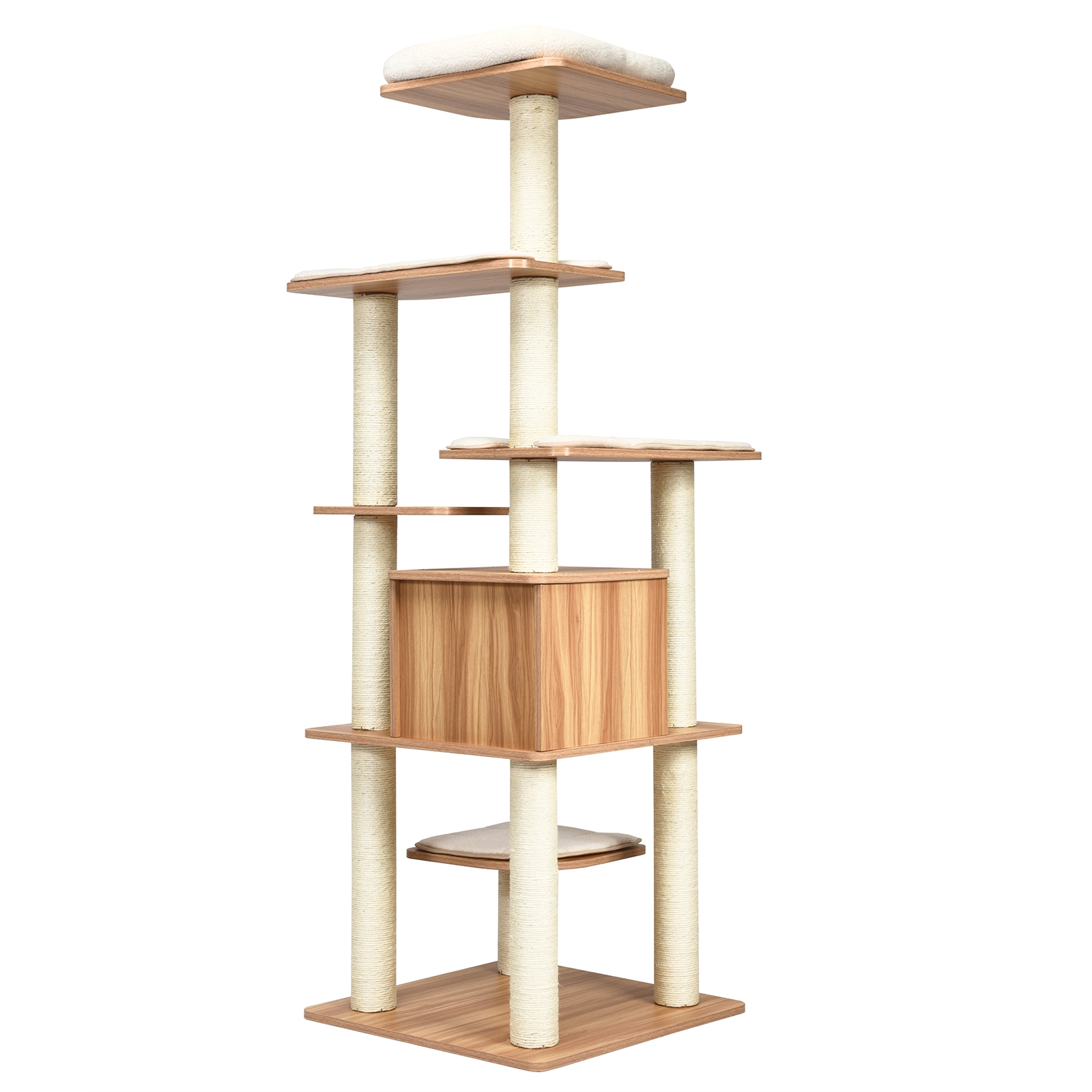 SUGIFT Natural 7-Layer Wooden Cat Tree 71 in Tall with Condo and Sisal Posts