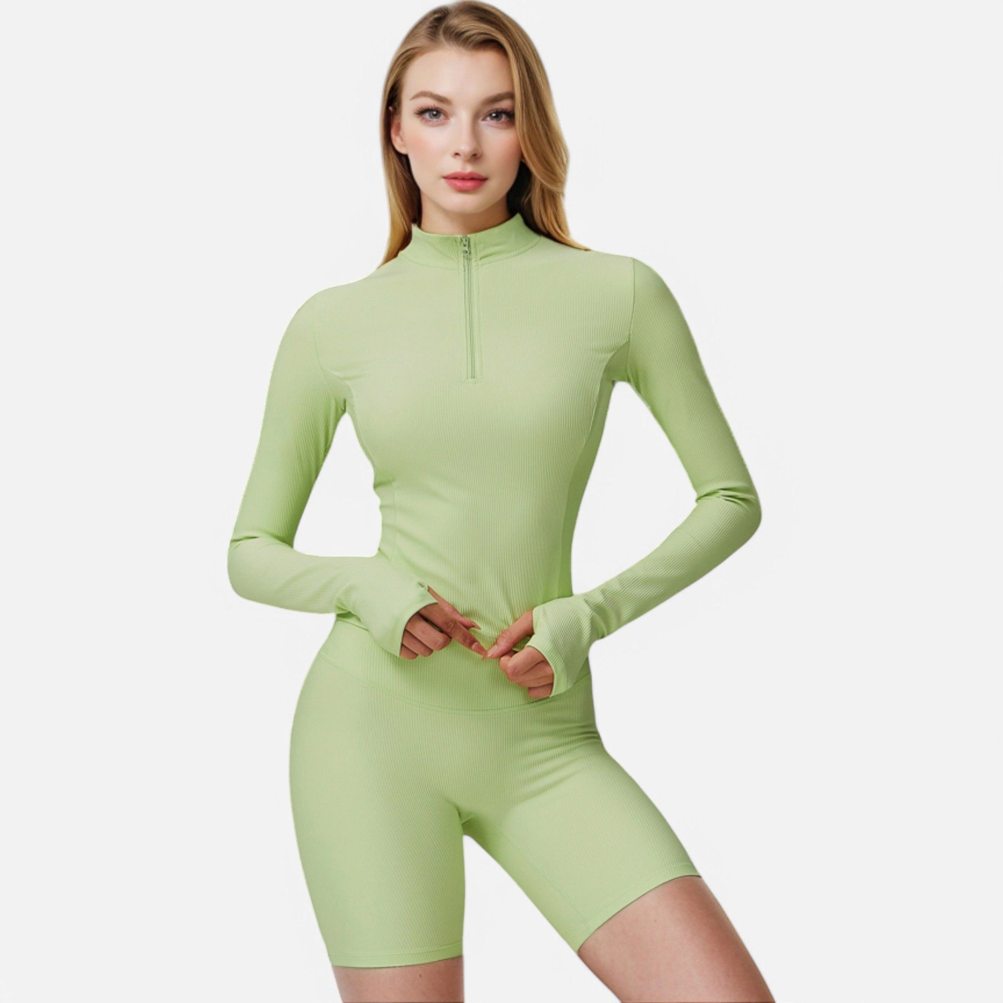 Anna-Kaci Women's Long Sleeve Fitted Ribbed Knit Top with Zip Collar and Thumbhole Cuffs