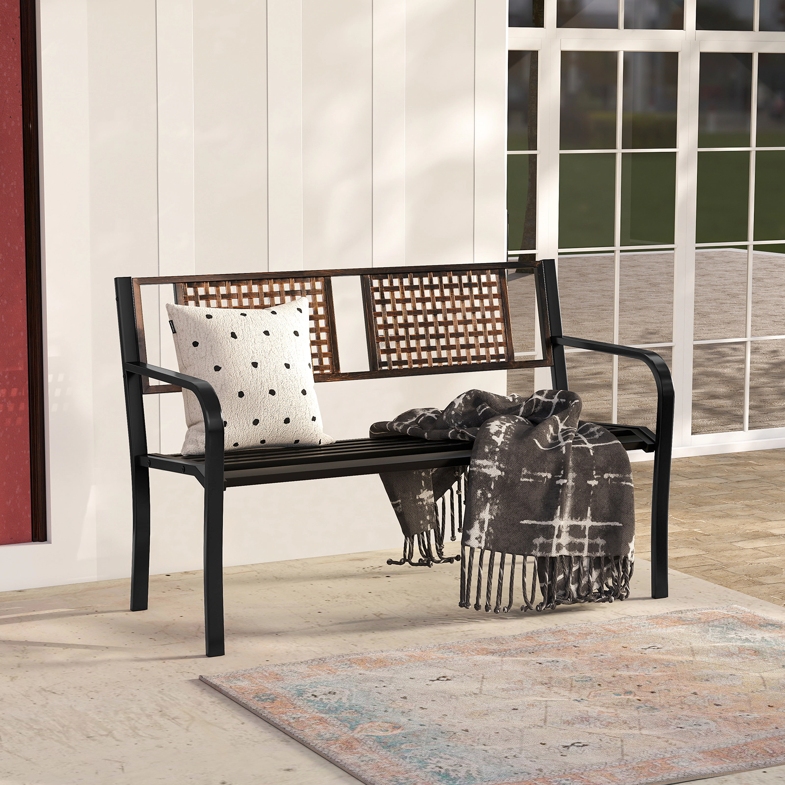 LJG 50 Inch Outdoor Metal Garden Bench with Rattan-Like Backrest for 2-3 People