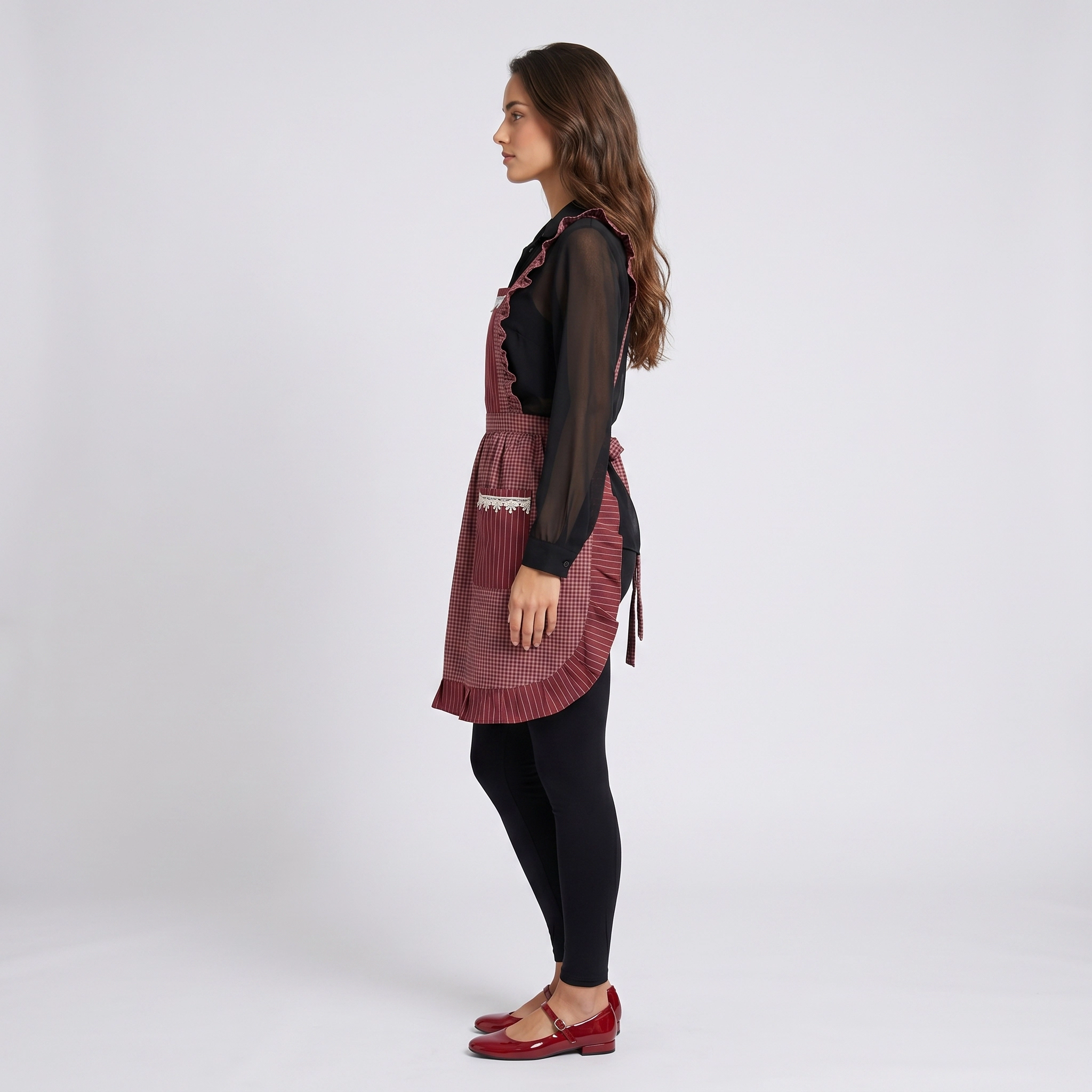 Alilang Women Lace Trim Check and Stripe Kitchen Apron with Ruffle Strap Bib Dual Front Pockets Adjustable Waist Tie