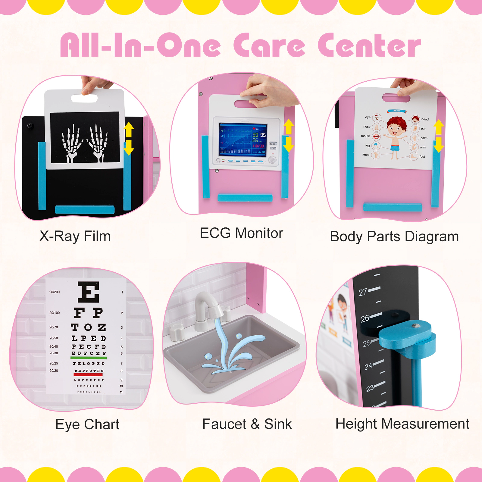 SUGIFT Pink Wooden Doctor Kit for Kids Care Center Playset with Eye Chart X-Ray Film and ECG Monitor 31.5-in Tall
