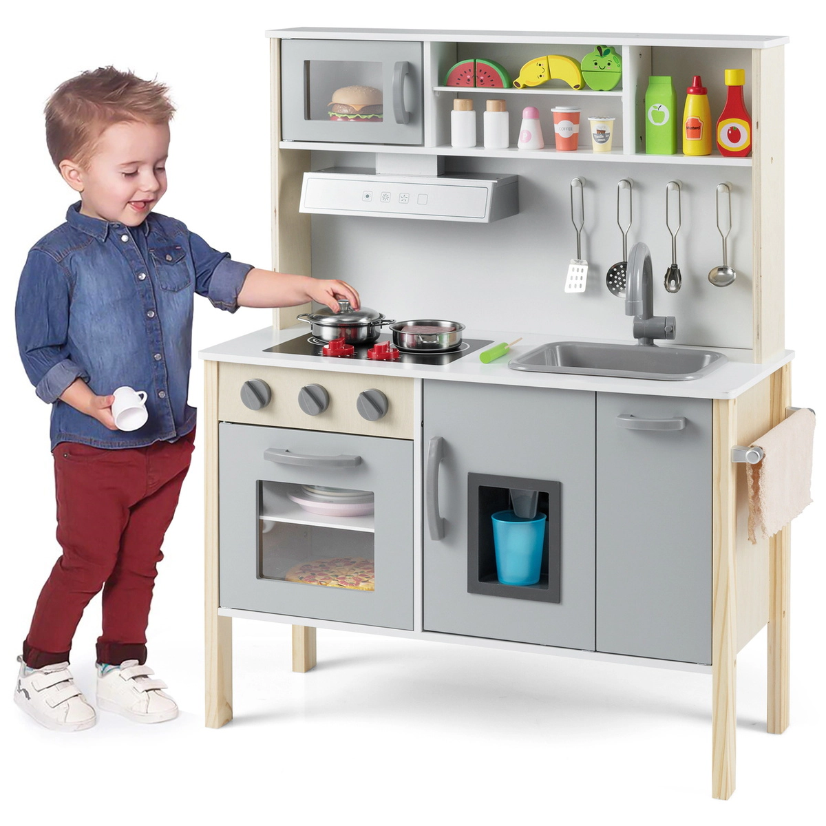SUGIFT Wooden Pretend Play Kitchen Set with Microwave Range Hood Oven Sink and Ice Maker Ages 3-6 Years White