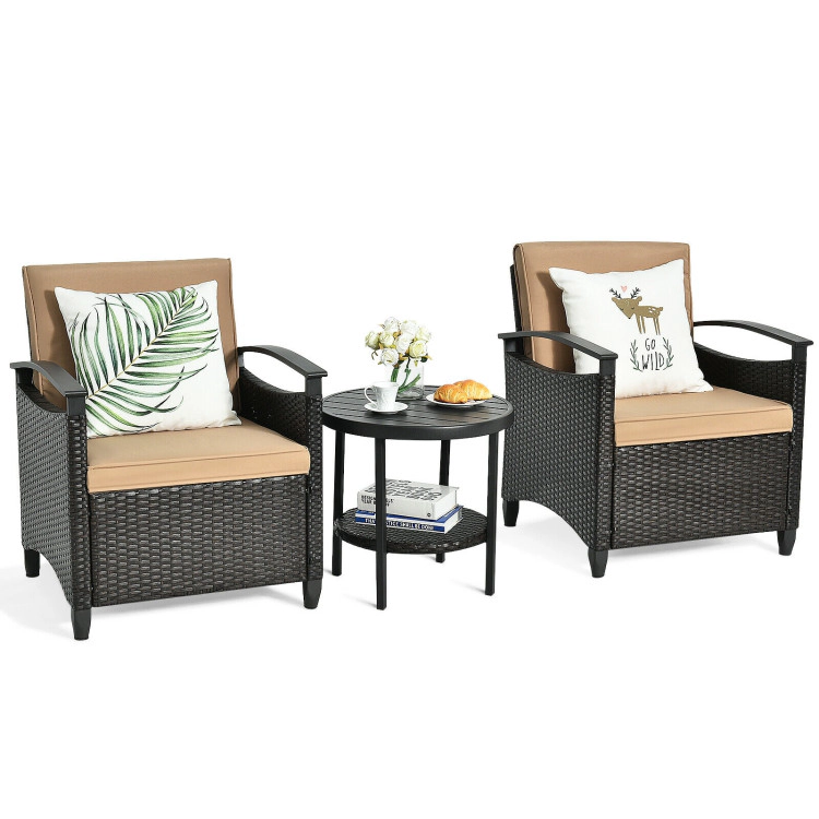 Hivvago 3 Pieces Patio Rattan Furniture Set Cushioned Sofa Storage Table With Shelf Garden