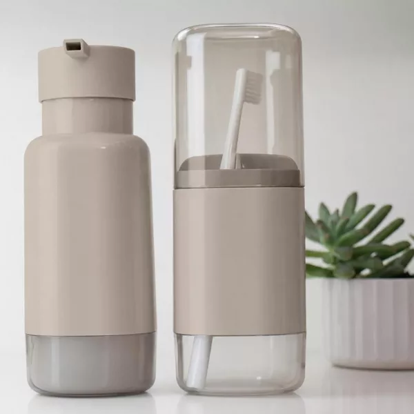OU 17oz Soap Dispenser & Toothbrush Holder Set, Durable Dual Bathroom Organizer w/ Nonslip Base, Countertop