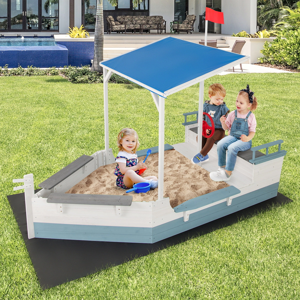 SUGIFT White Canopy Bench Seats and Bottom Liner Pirate Ship Kids Sandbox