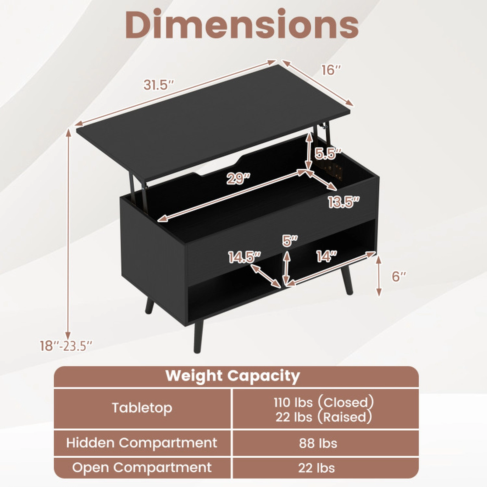 SUGIFT 31.5-In Black Lift-Top Coffee Table with Hidden Compartment and 2 Shelves