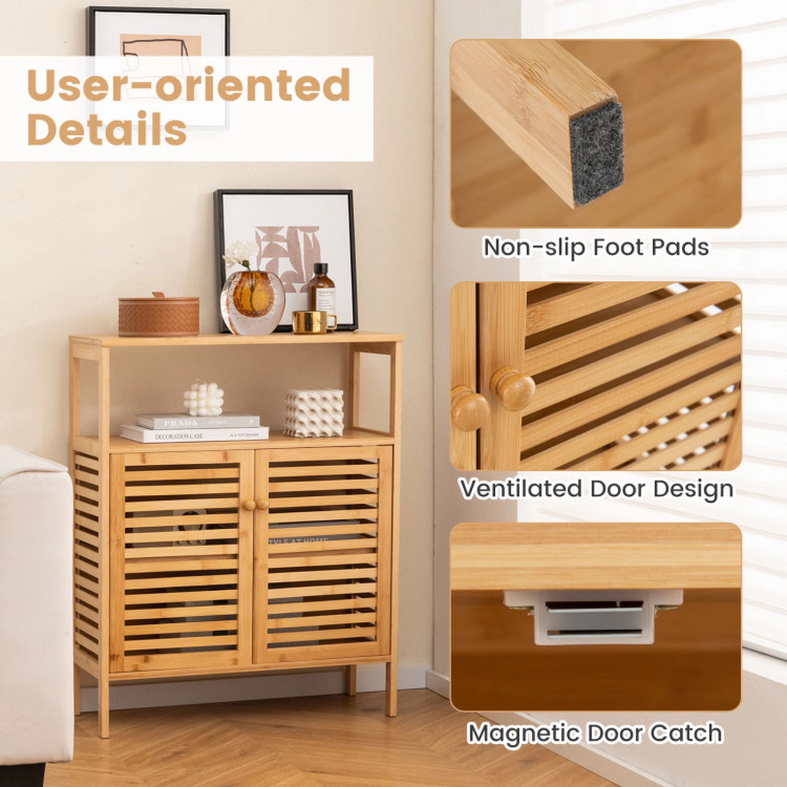 SUGIFT Bamboo Bathroom Floor Storage Cabinet with Shutter Doors 145-lb Capacity Natural