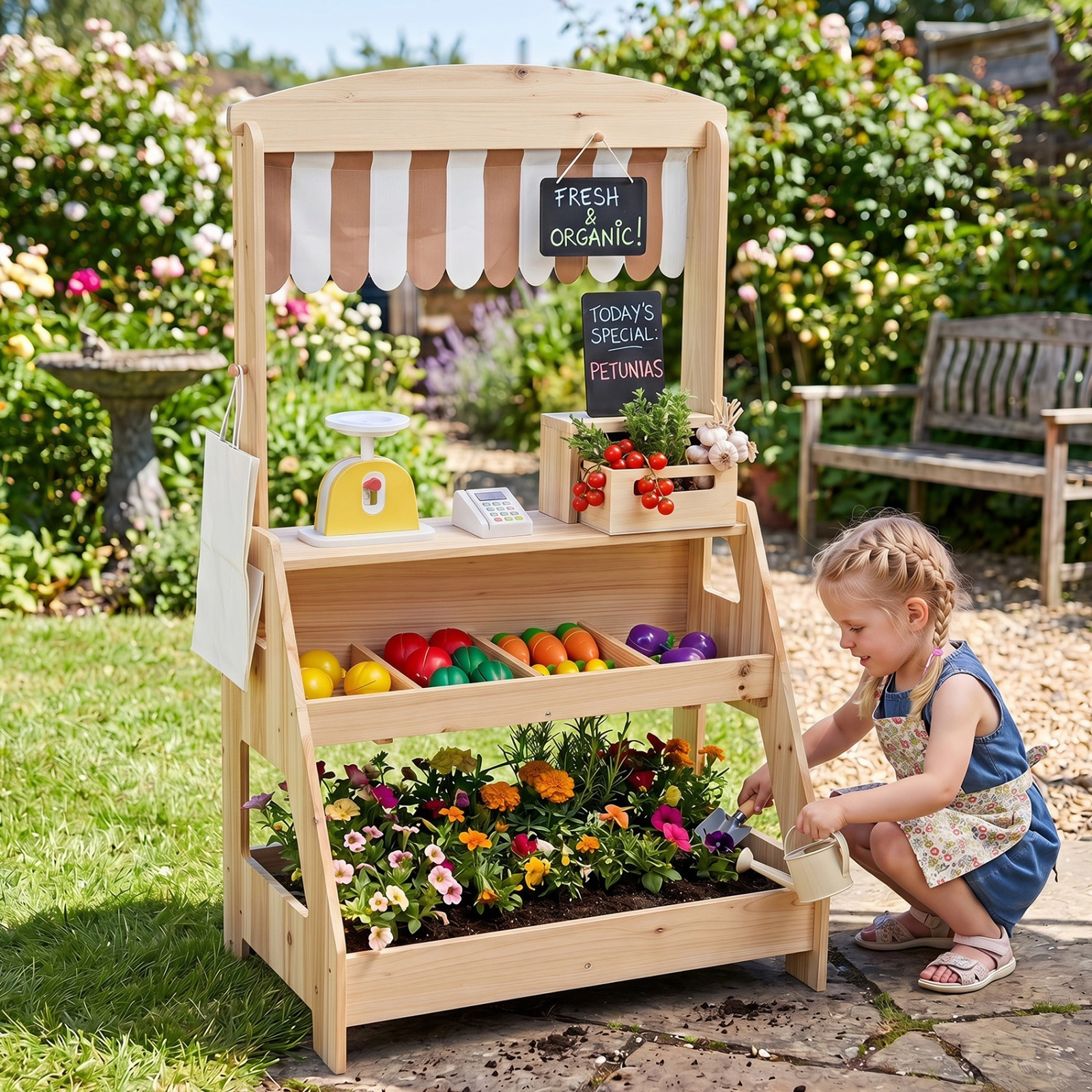 2-in-1 Outdoor Mud Kitchen and Kids Market Stand Planter Box Scale 2 Chalkboards 25-in x 15.5-in x 43-in Fir Wood
