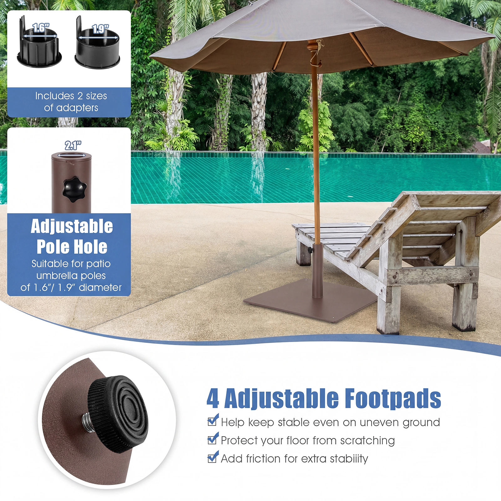 SUGIFT 20-in Square Patio Umbrella Base Stand 4 Adjustable Footpads for 1.6-1.9-in Diameter Poles 35-lb Weight Black