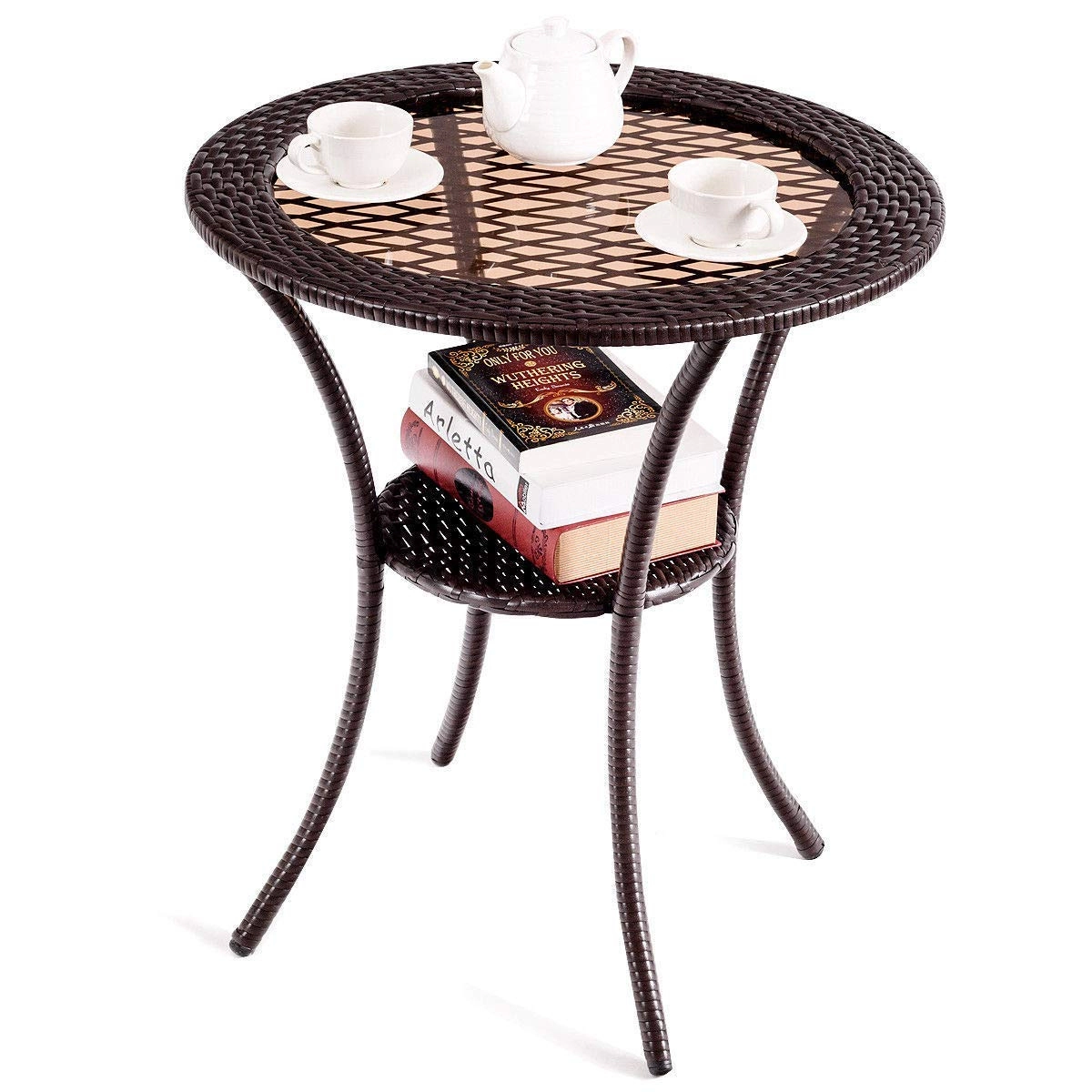 SUGIFT 25.5-Inch Round Wicker Patio Bistro Table with Tempered Glass Top and Shelf