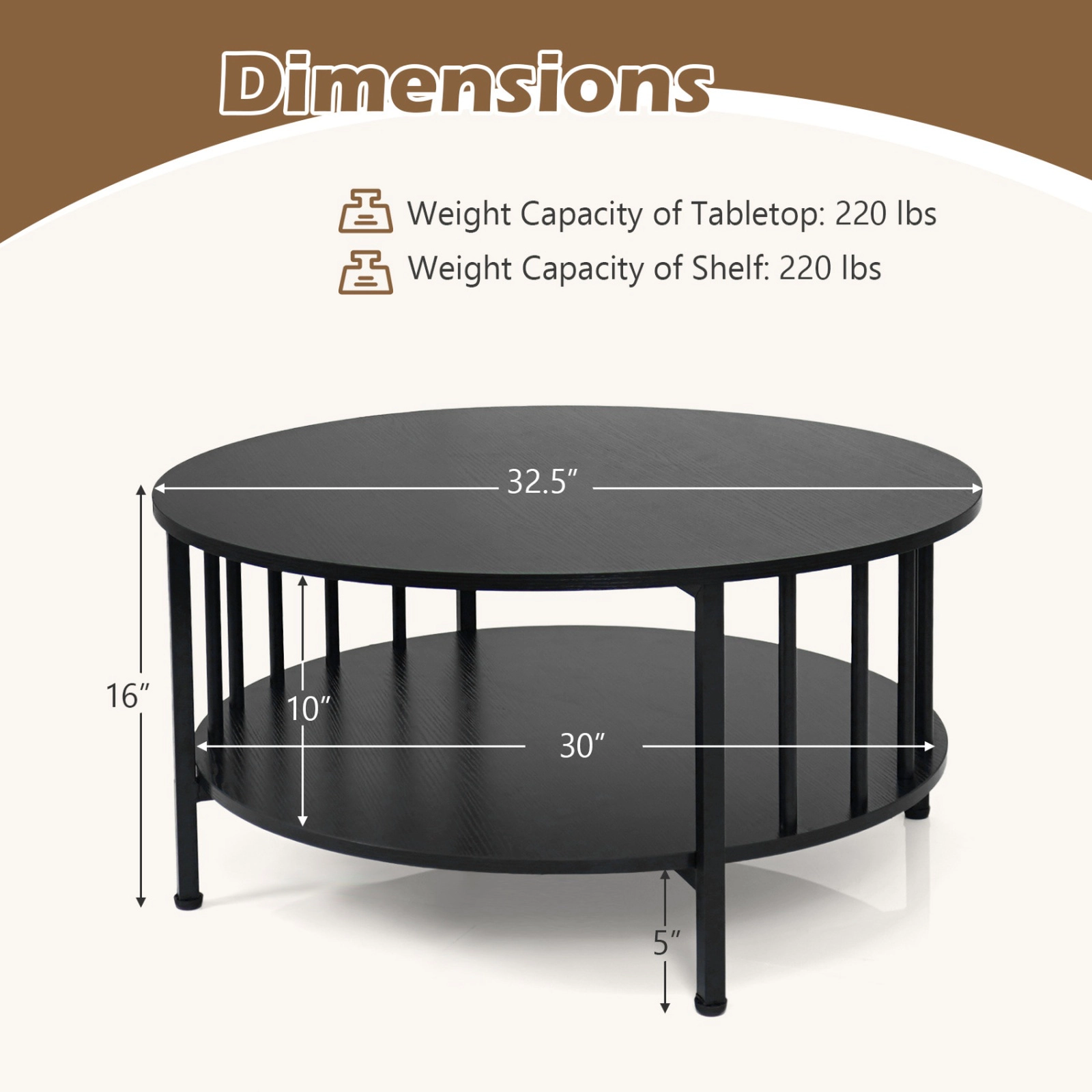SUGIFT 2-Tier Round Coffee Table with Storage Shelf and Metal Accents 220-Lb Tabletop Capacity Black Walnut-Black
