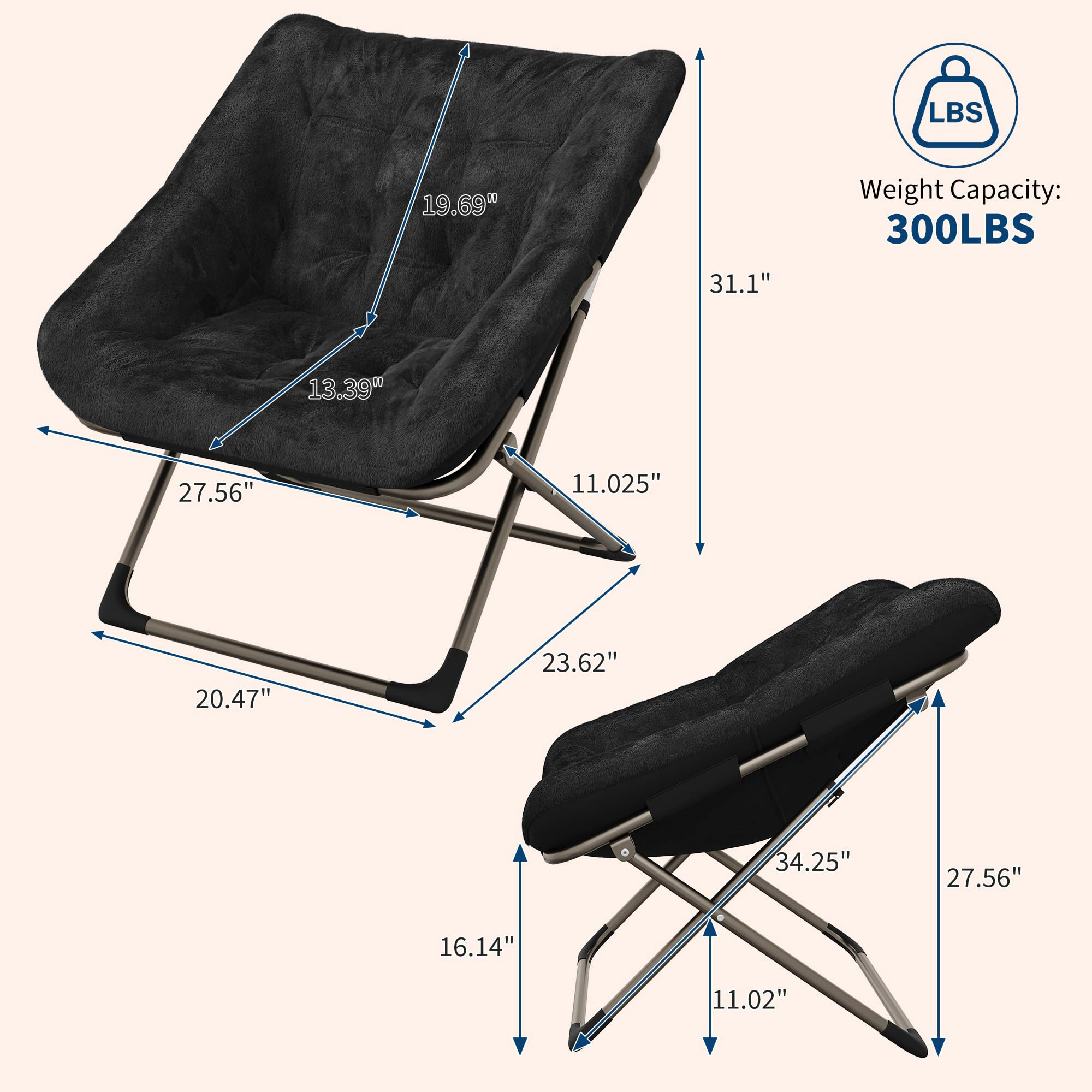 BebreezChic Foldable Dish Saucer Chair - Rabbit Fur Comfy Lounge with Metal Frame for Kids, Teens & Adults