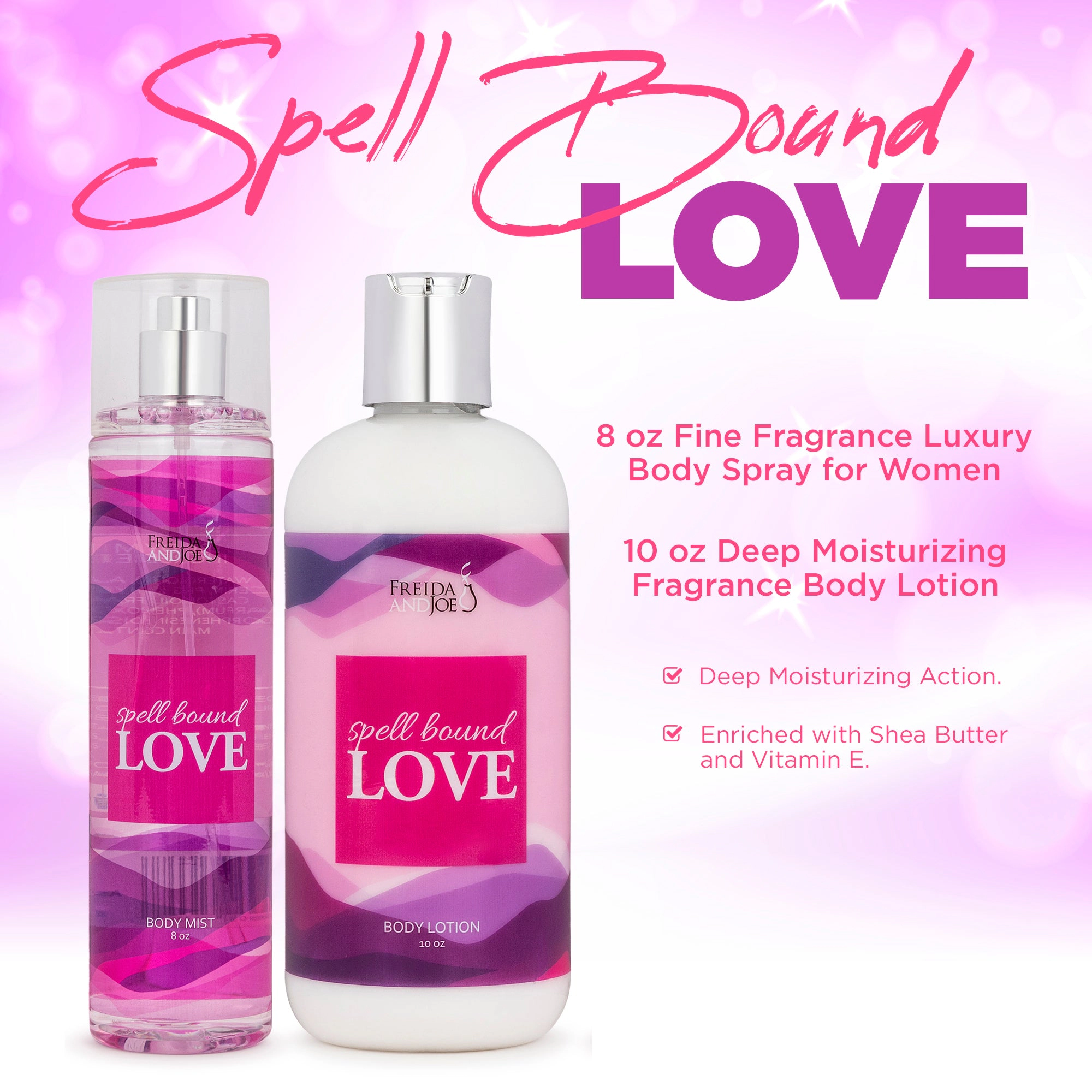 Freida and Joe Women 10oz Deep Moisturizing Fragrance Body Lotion & 8 oz. Fine Fragrance Body Mist Set Spell Bound Love
