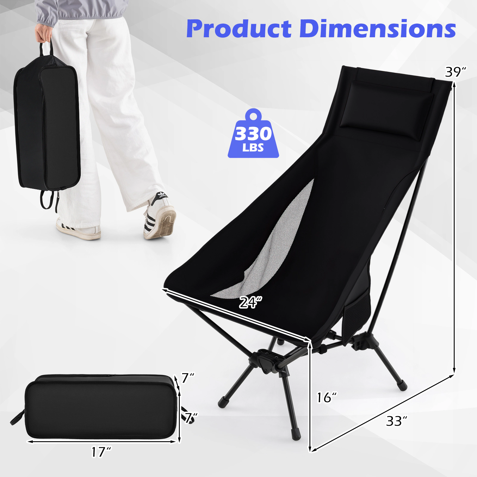LJG High Back Portable Camping Chair with Compact Carry Bag and Pillow