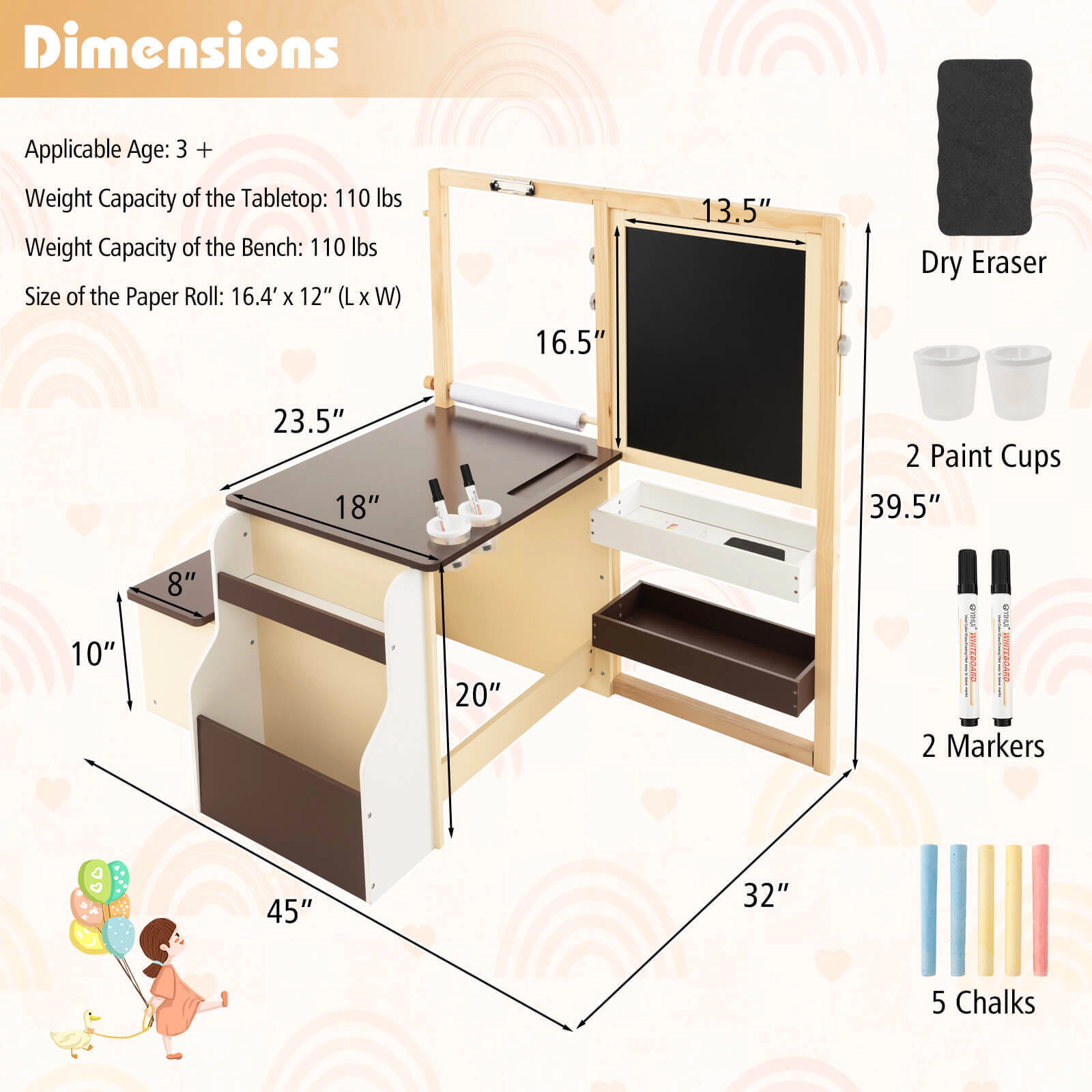 SUGIFT Kids Art Center Wooden Table Bench Set with 110-lb Tabletop and Bench Capacity Ages 3+ 45-in Tall Brown/Gray/Pink