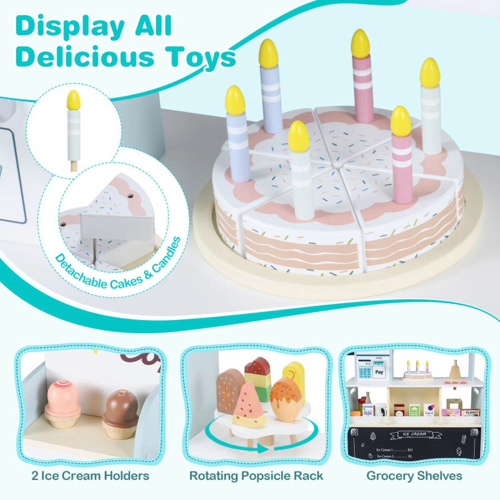 SUGIFT Blue 27 Accessories and Play Ice Cream Machine Kids Wooden Ice Cream Shop