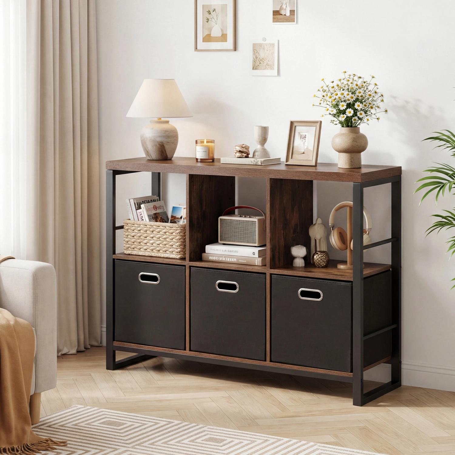 LJG 6 Cube Industrial Short Bookshelf with 3 Bins & Metal Frame and Open Shelves for Indoor