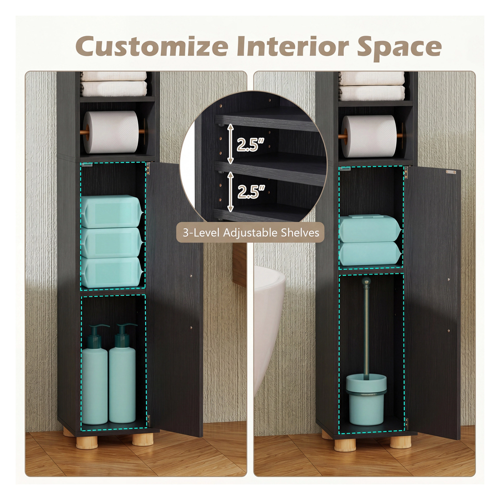 Glintex 69-Inch Narrow Bathroom Tower with Paper Holder Hook and Golden Handles