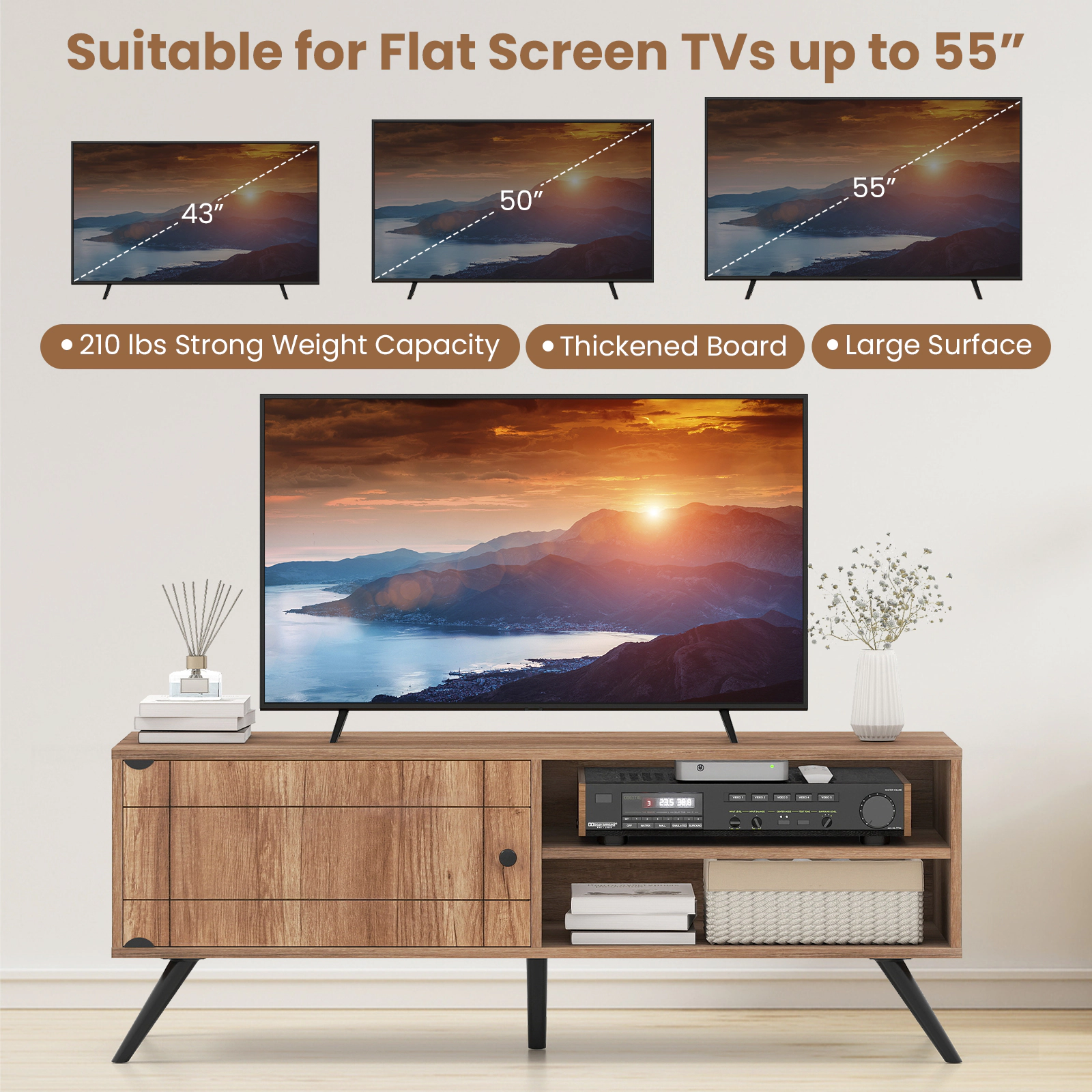 SUGIFT Mid Century TV Stand for TVs up to 55 in with Storage Cabinet 210-lb Tabletop Capacity Oak