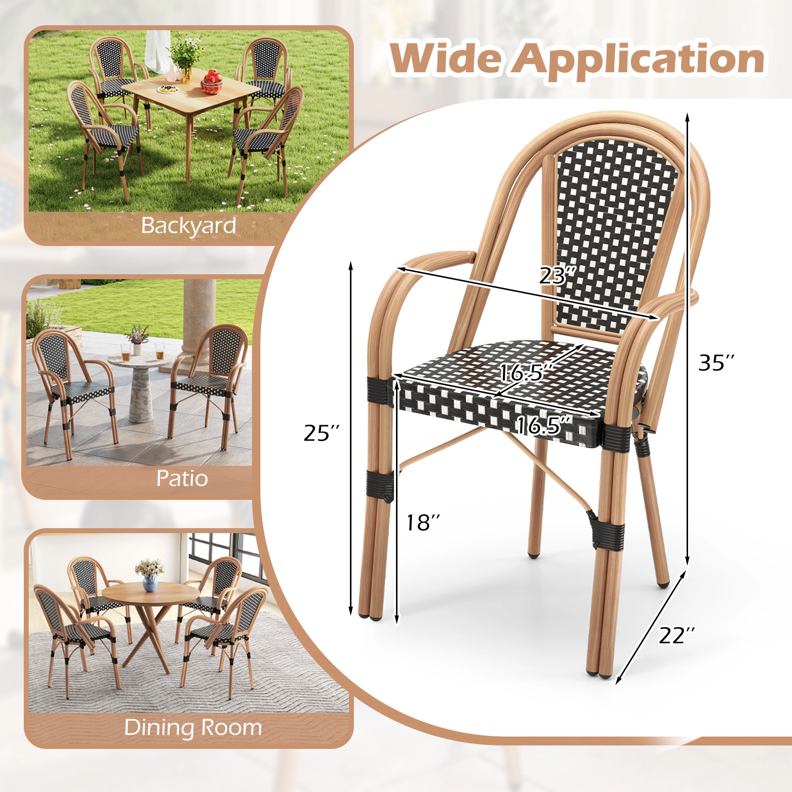 SUGIFT Hand-Woven PE Wicker Outdoor French Bistro Dining Chairs Set of 2 400-lb Capacity Black and White