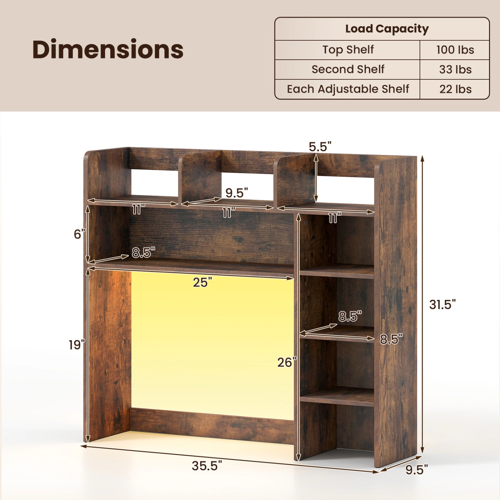 SUGIFT Rustic Brown 35.5 in Desktop Bookshelf with RGB LED Lights and Remote