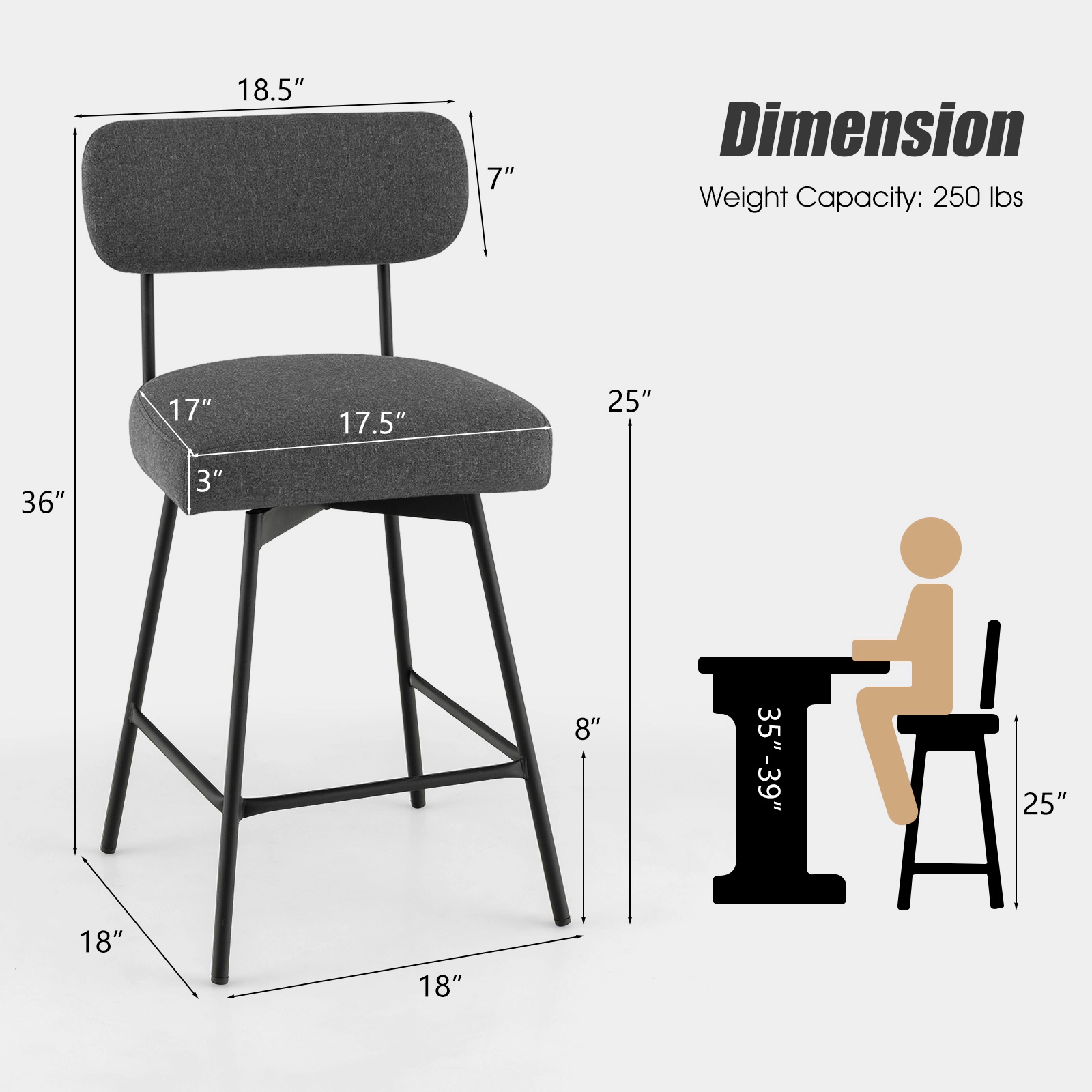 SUGIFT 25-in Seat Height 2-Piece Modern Upholstered Bar Stools with 360-Degree Swivel 250-lb Capacity Gray Beige