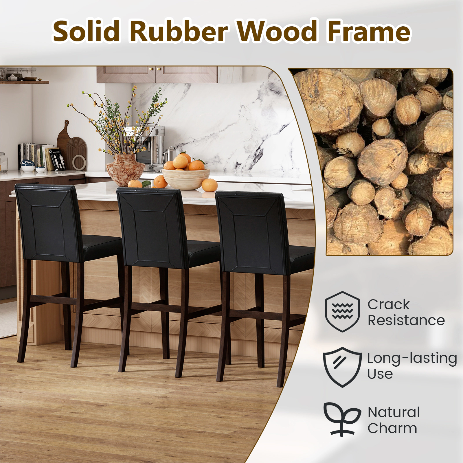 SUGIFT Set of 2 PVC Leather Bar Stools with Solid Wood Legs 243-lb Capacity Black