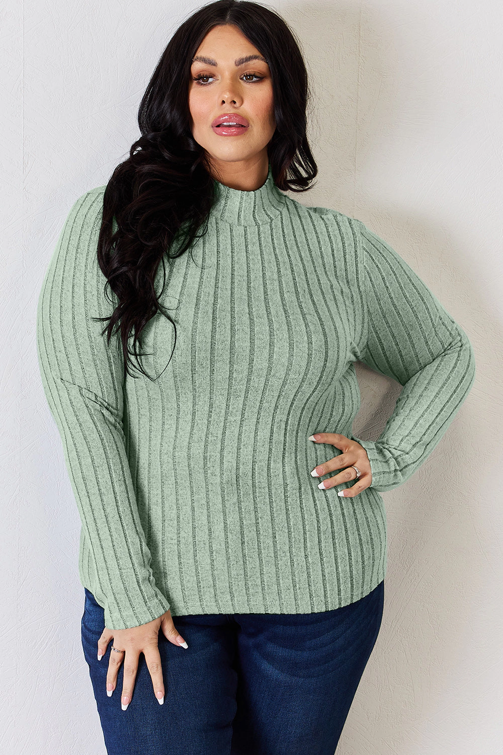 TRUEDAMES Women Basic Bae Full Size Ribbed Mock Neck Long Sleeve T-Shirt
