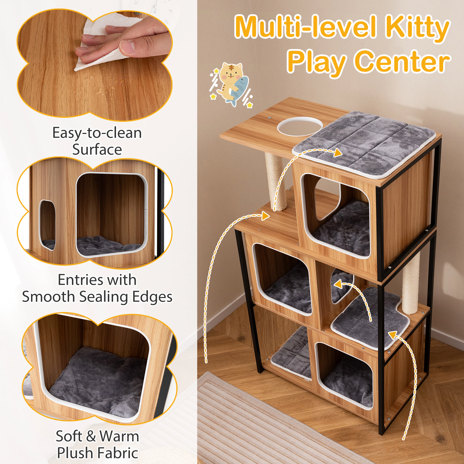 SUGIFT 52-in Cat Tree with 3 Condos Metal Frame Oversized Perches Sisal Posts and 12-in Entry for Big Cats