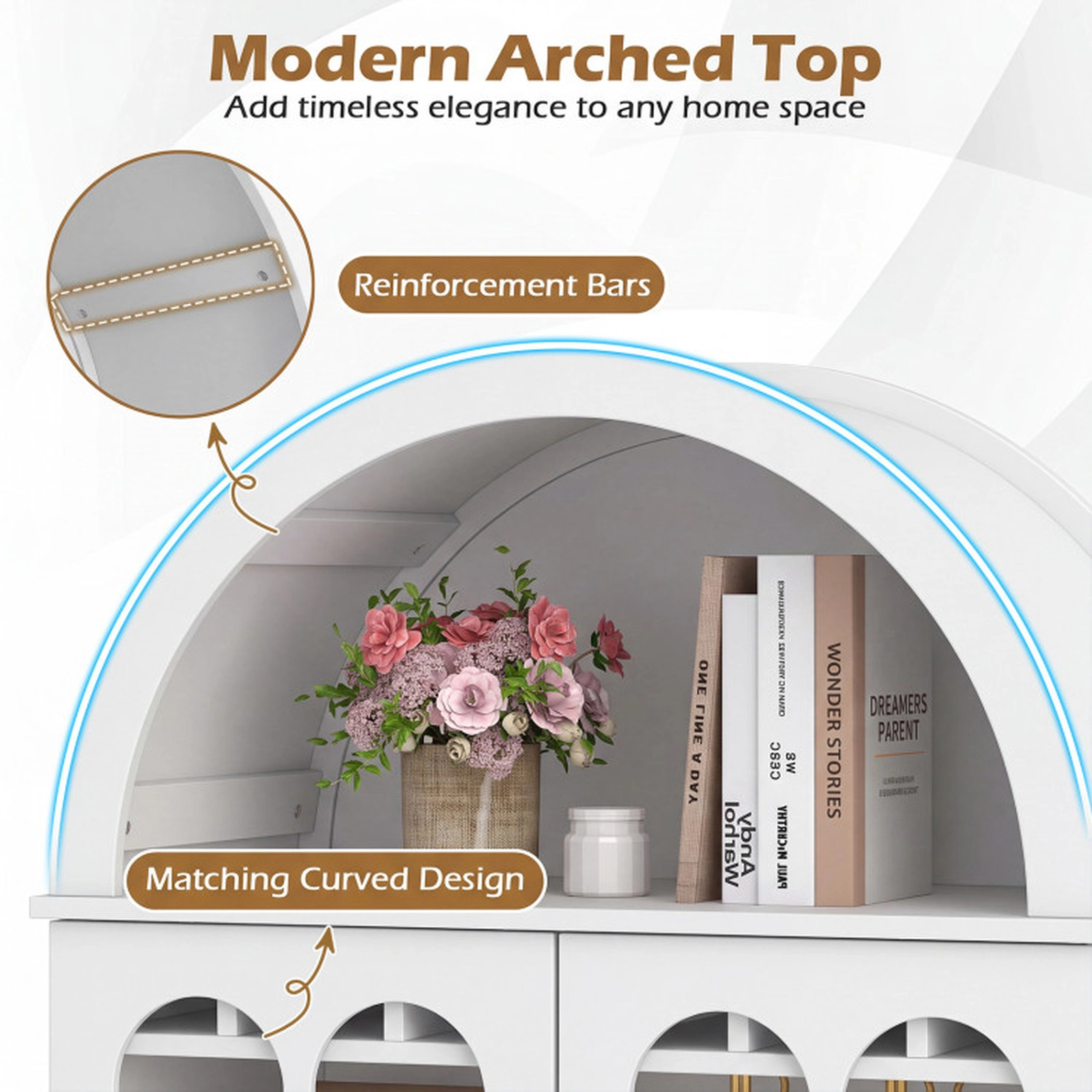 SUGIFT 5-Tier Arched Glass Doors 6-Bottle Rack 9 Stemware Holders Wine Cabinet 30.5-in x 16-in x 71.5-in White