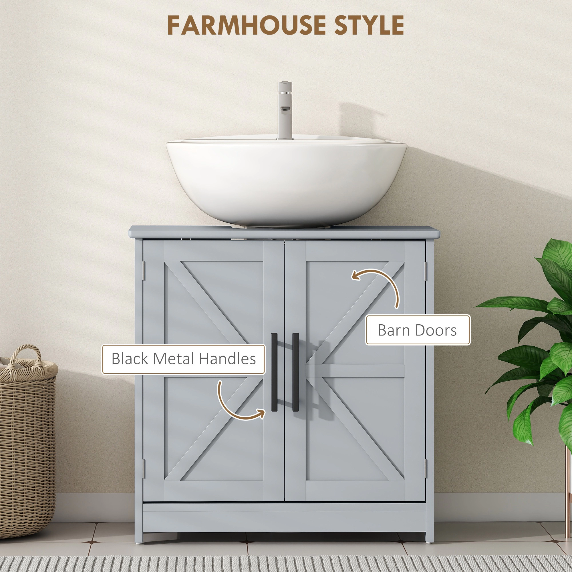 HONGGE Farmhouse Pedestal Sink Storage Cabinet Bathroom with 2 Barn Doors and Adjustable Shelf Gray