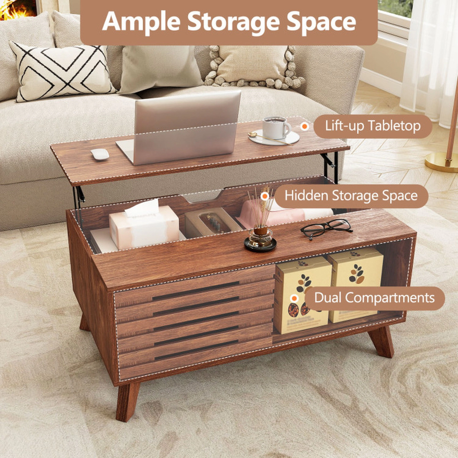 SUGIFT 35.5-in Lift Top Coffee Table with Hidden Compartment and Sliding Door 165-lb Tabletop Capacity Brown