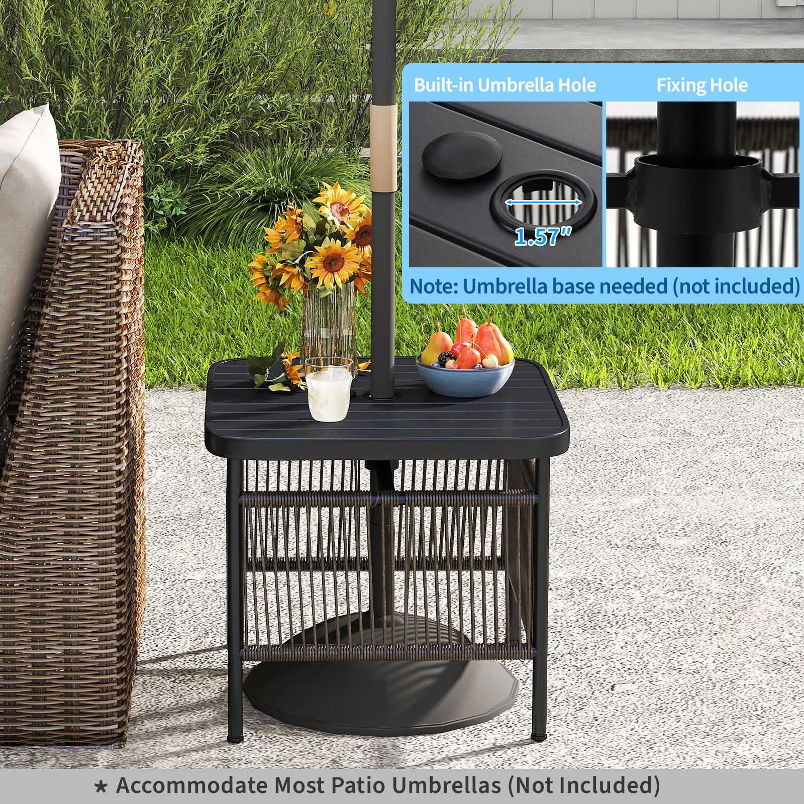 SUGIFT Outdoor Side Table Metal with Umbrella Hole and Lower Storage Shelf for Patio