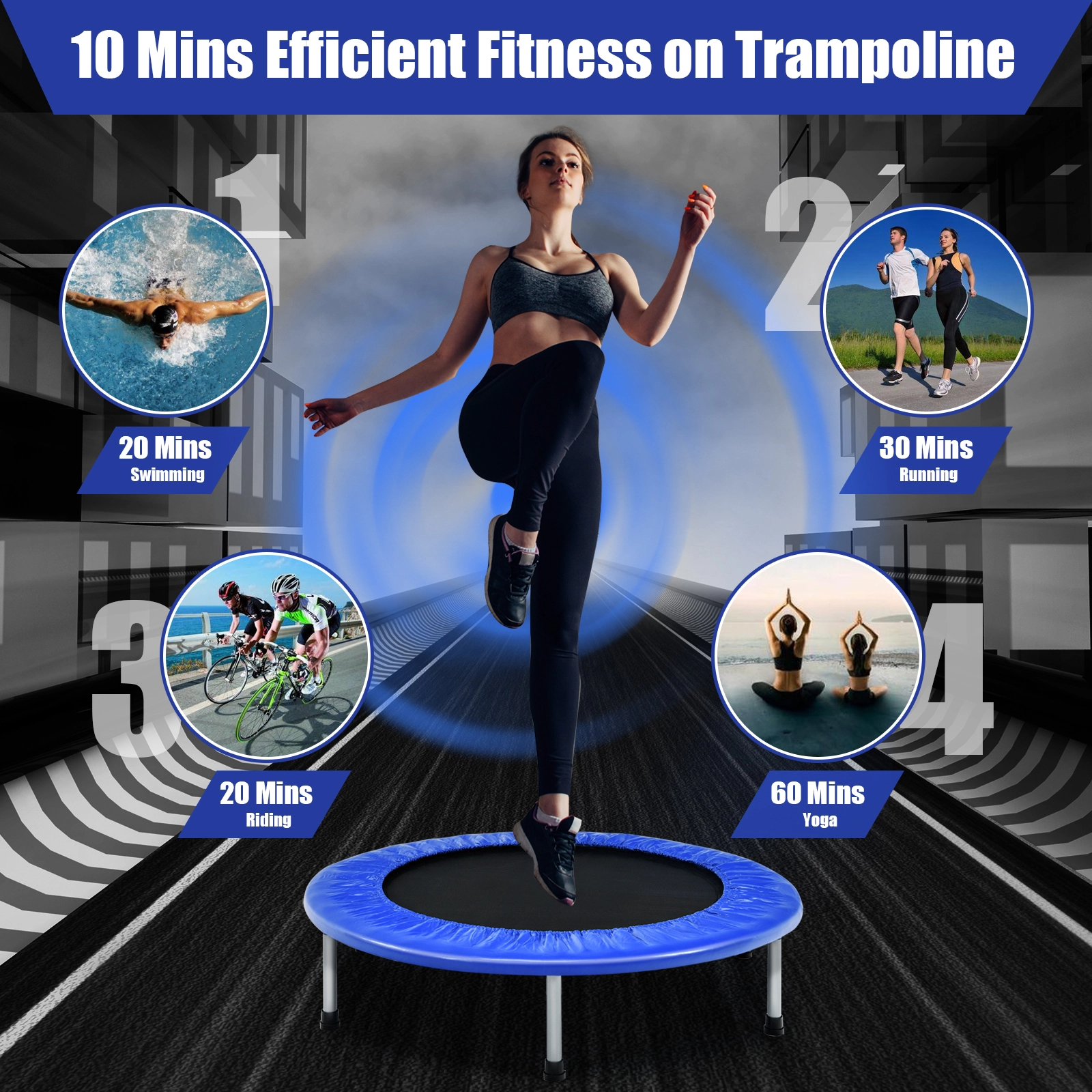 38-in Folding Exercise Trampoline for Adults Portable Rebounder 330-lb Capacity 32 Springs 6 Non-Slip Legs Blue